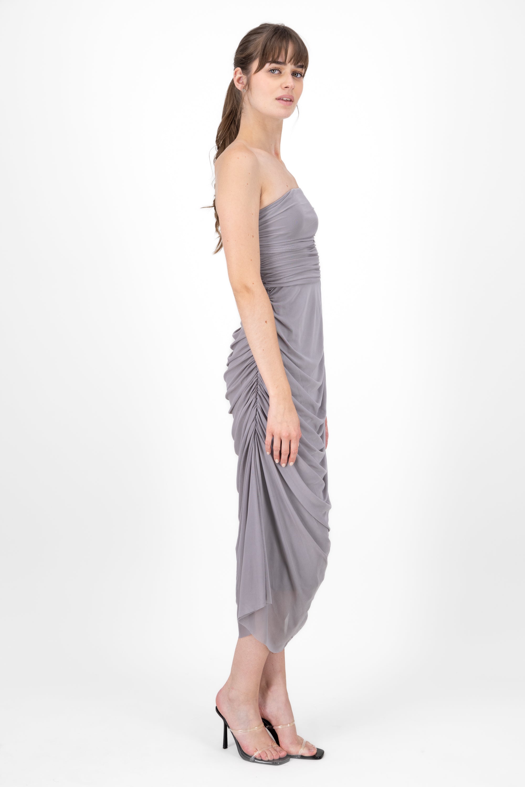 Plain Strapless Mesh Maxi Dress GRAY