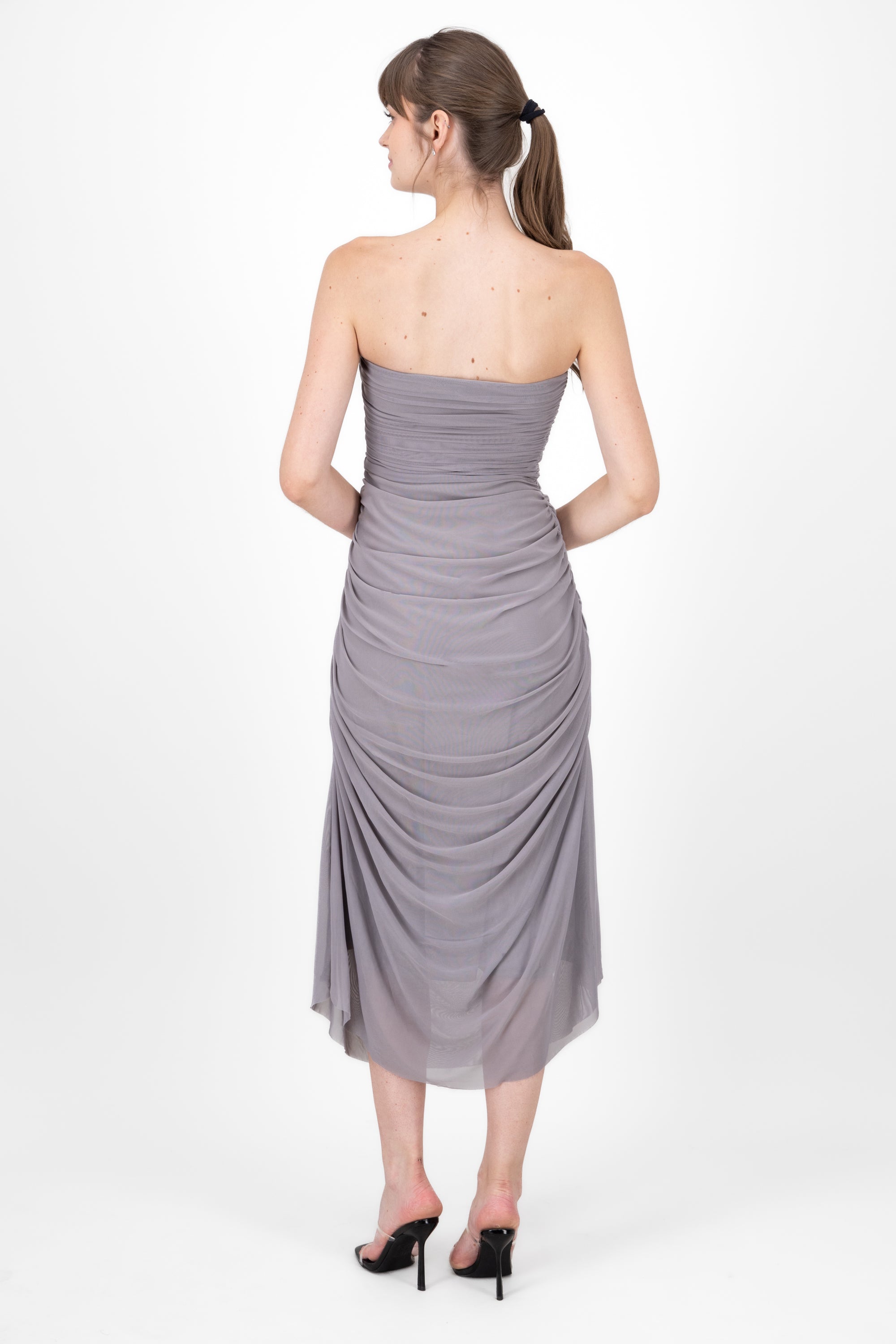 Plain Strapless Mesh Maxi Dress GRAY