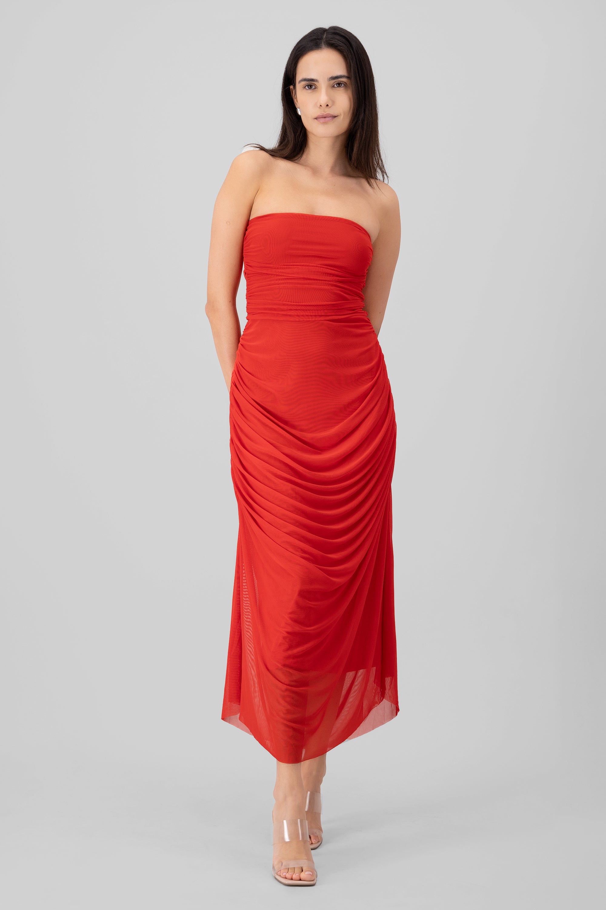 Plain Strapless Mesh Maxi Dress BURNT RED