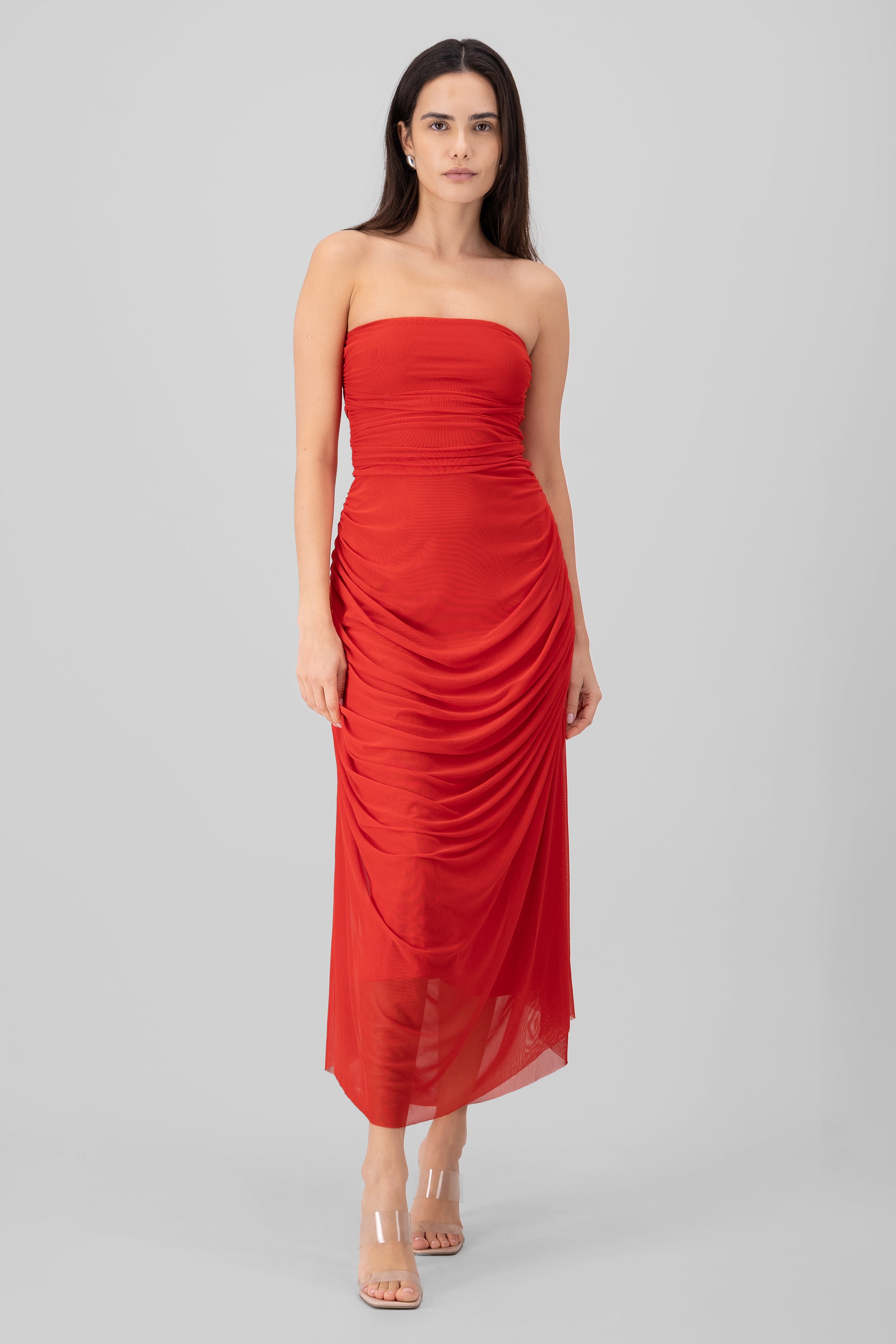 Plain Strapless Mesh Maxi Dress BURNT RED