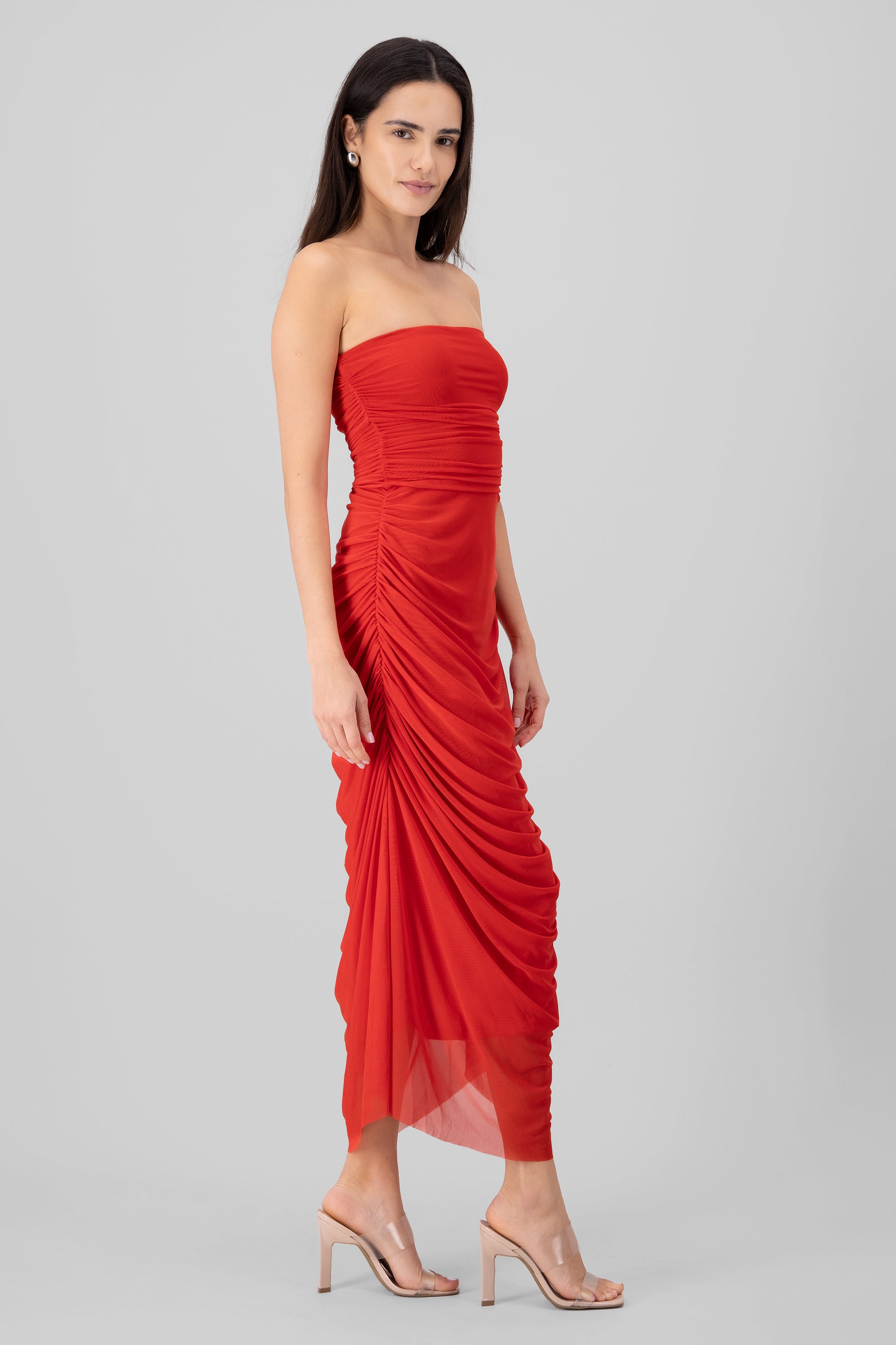 Plain Strapless Mesh Maxi Dress BURNT RED