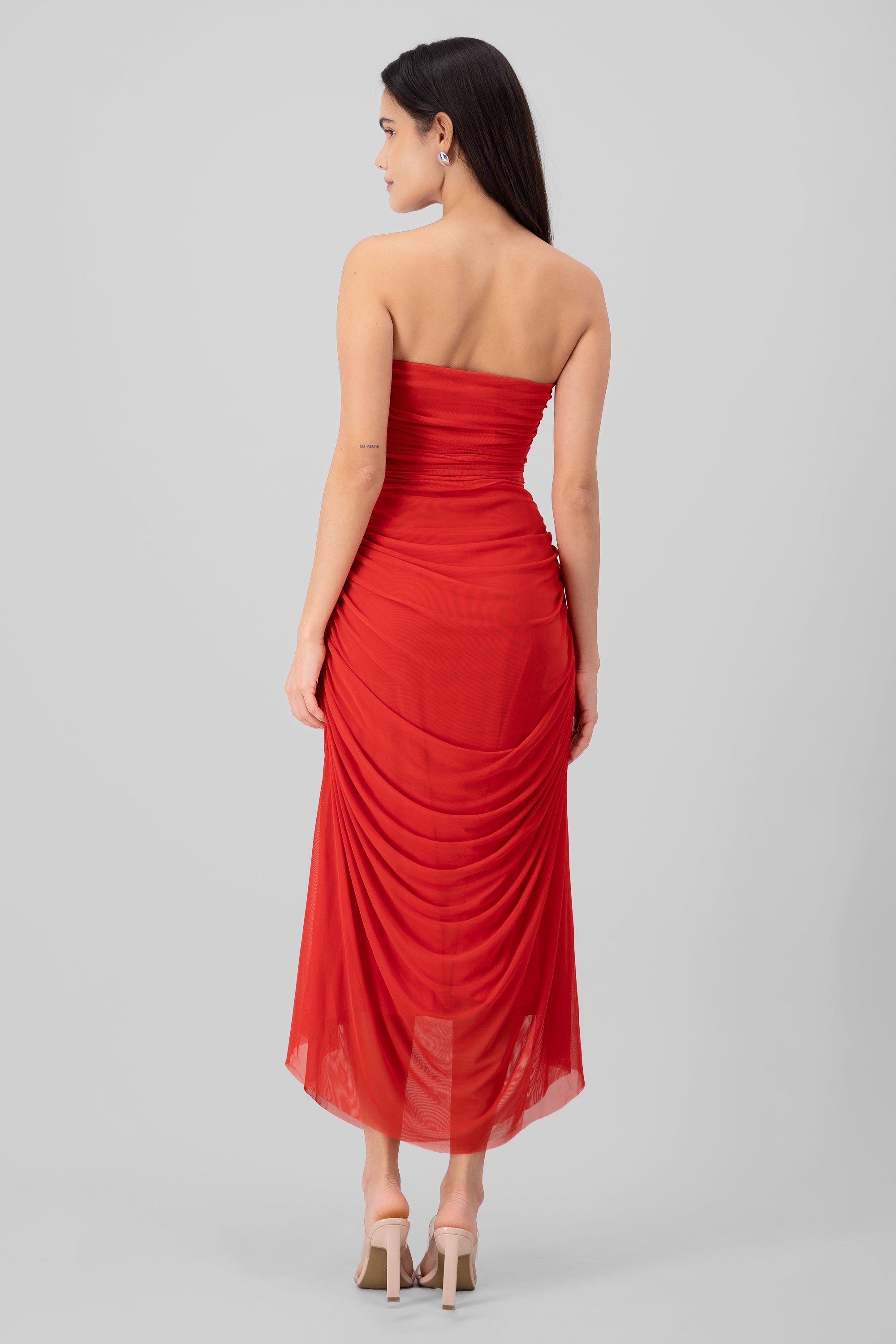 Plain Strapless Mesh Maxi Dress BURNT RED