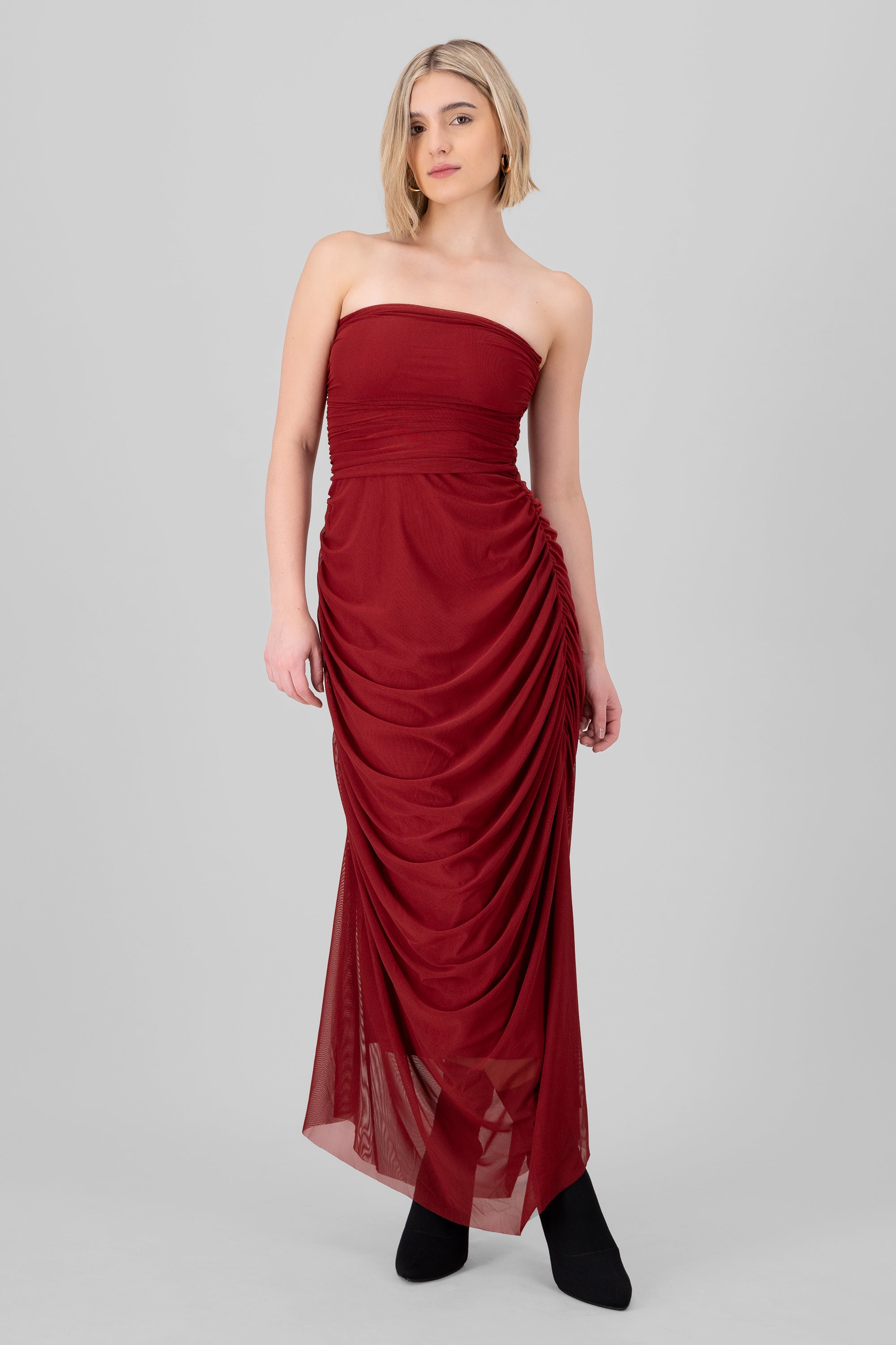 Plain Strapless Mesh Maxi Dress CHERRY RED