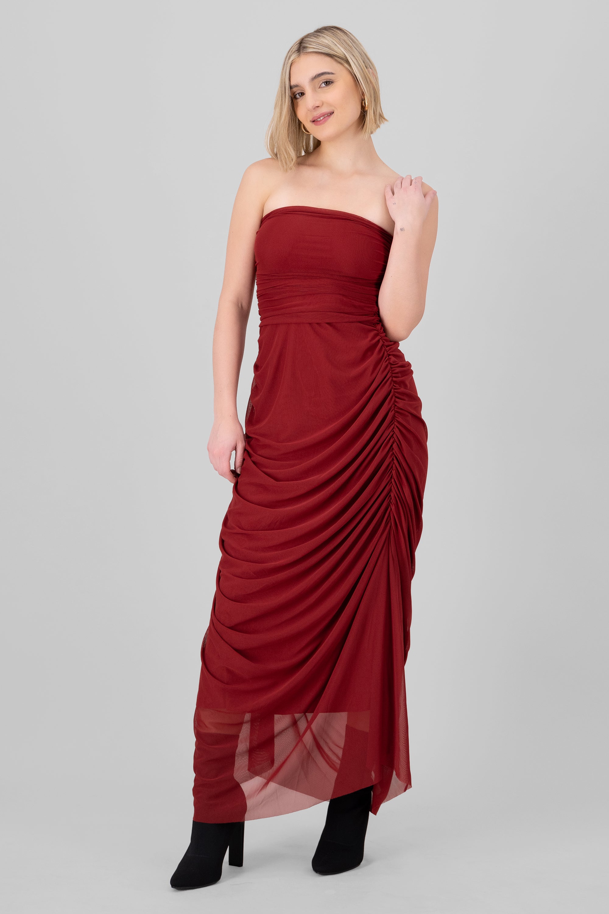 Plain Strapless Mesh Maxi Dress CHERRY RED