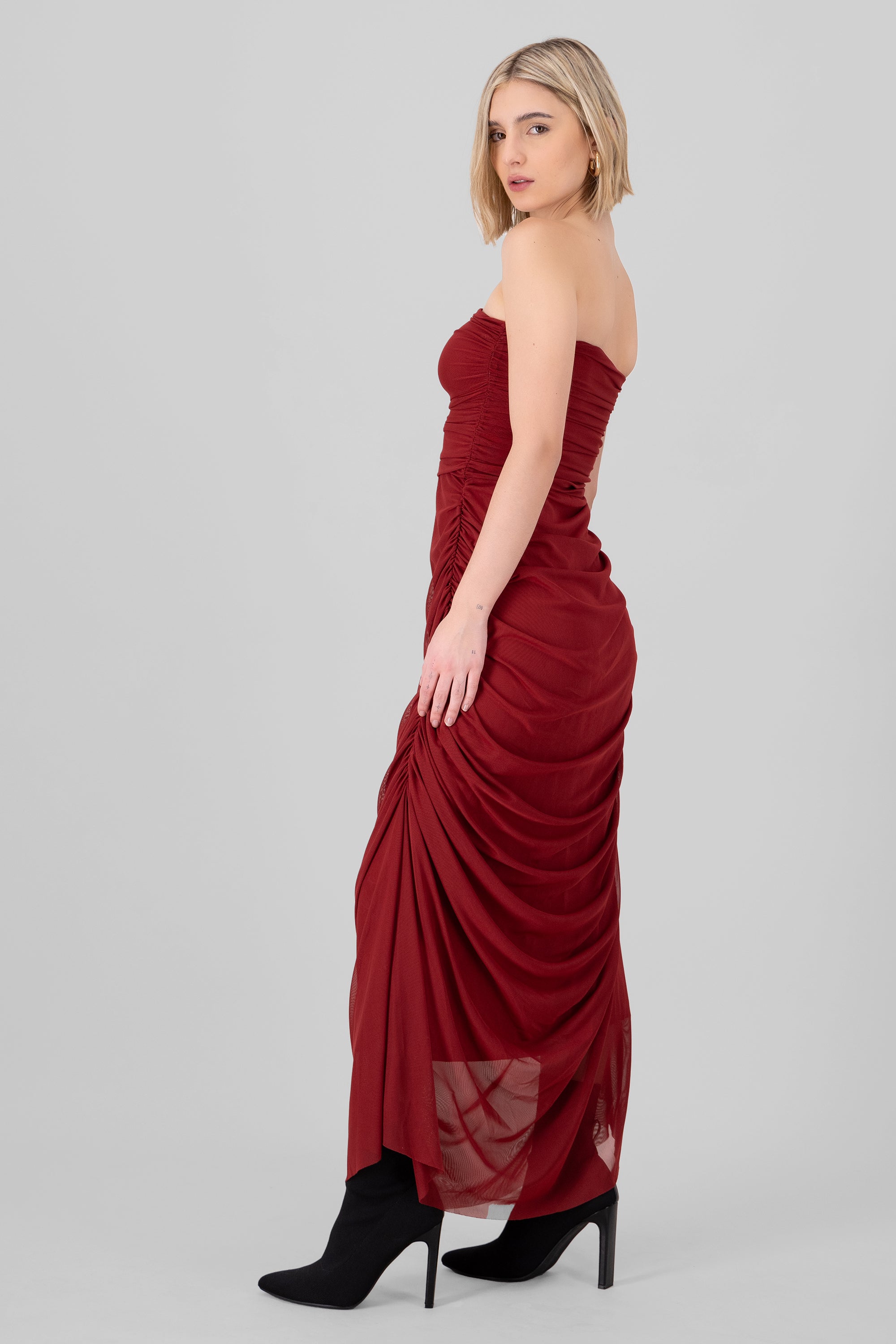 Plain Strapless Mesh Maxi Dress CHERRY RED