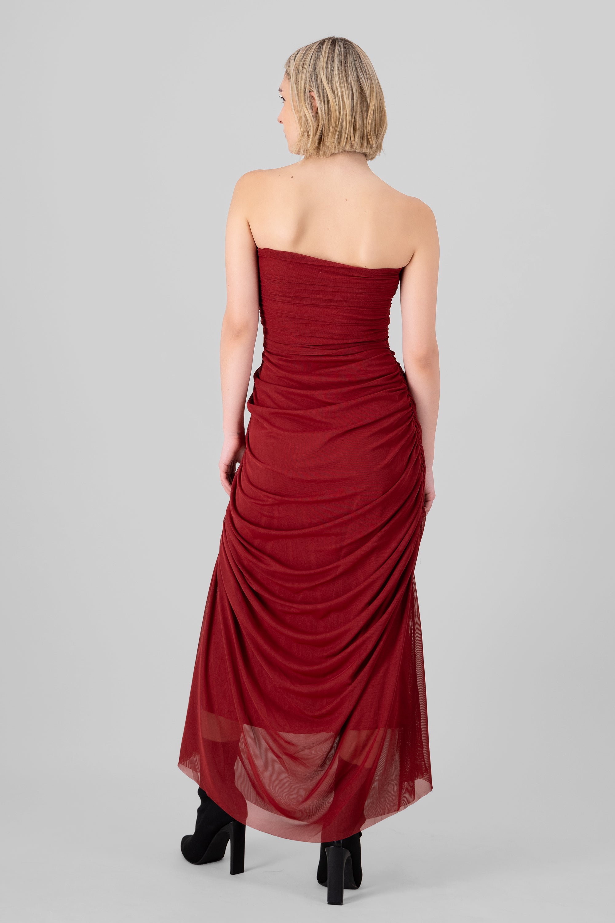 Plain Strapless Mesh Maxi Dress CHERRY RED