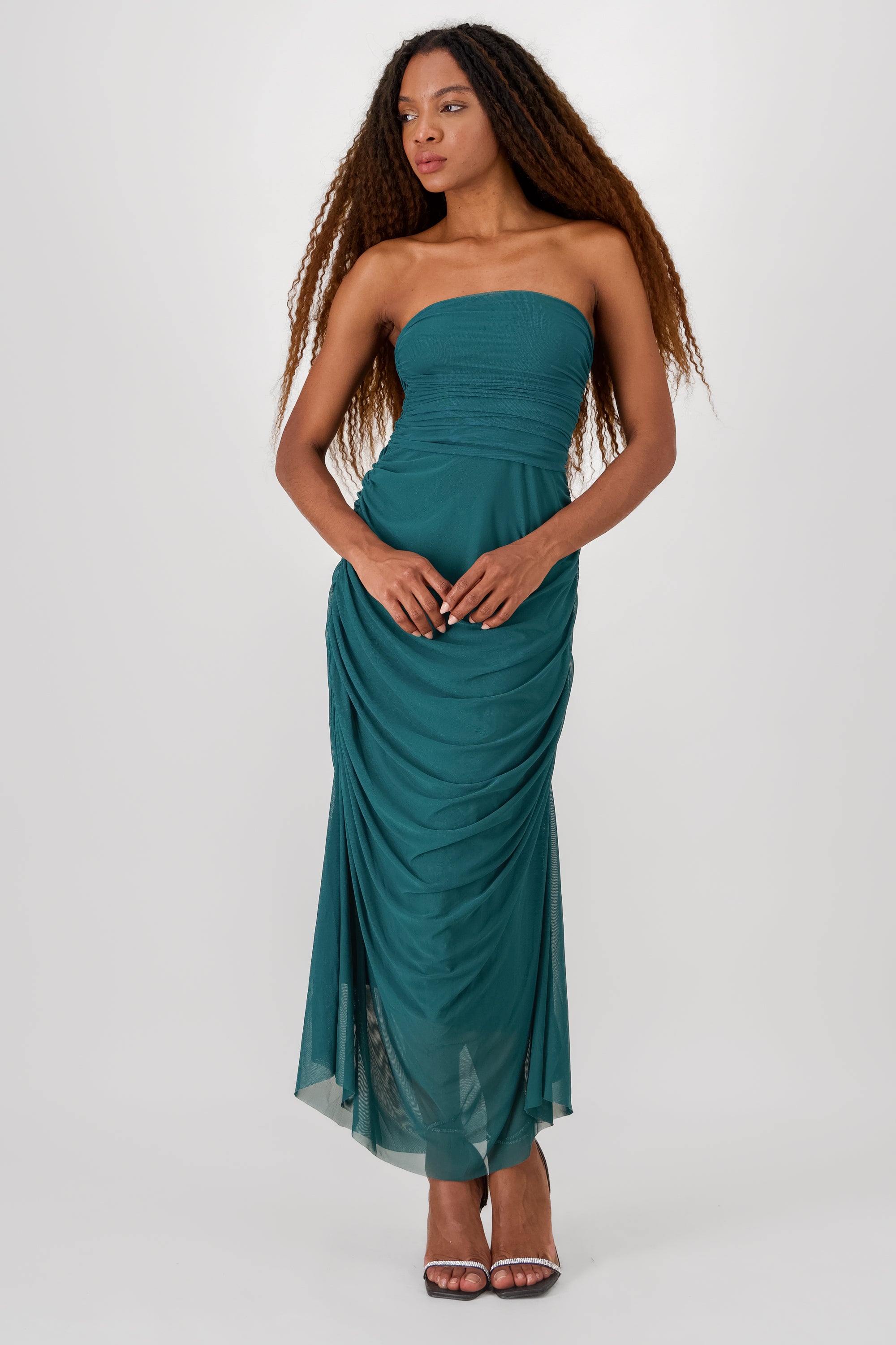 Plain Strapless Mesh Maxi Dress FOREST GREEN