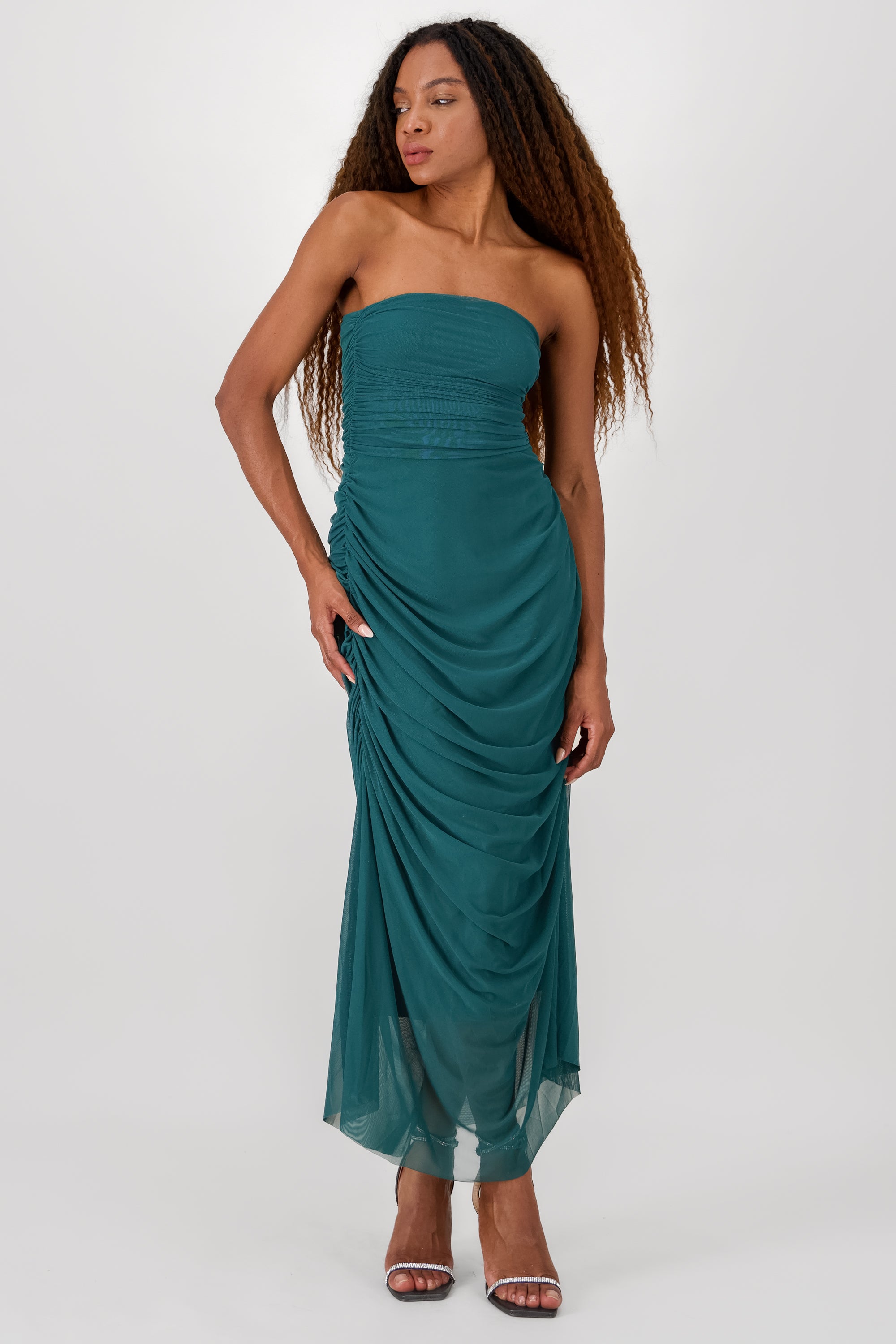 Plain Strapless Mesh Maxi Dress FOREST GREEN