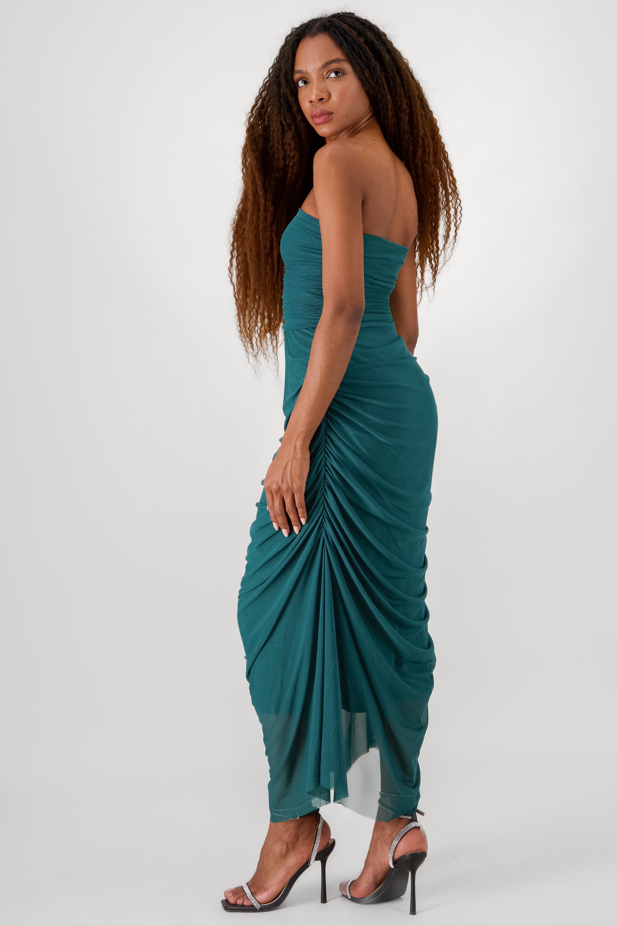 Plain Strapless Mesh Maxi Dress FOREST GREEN