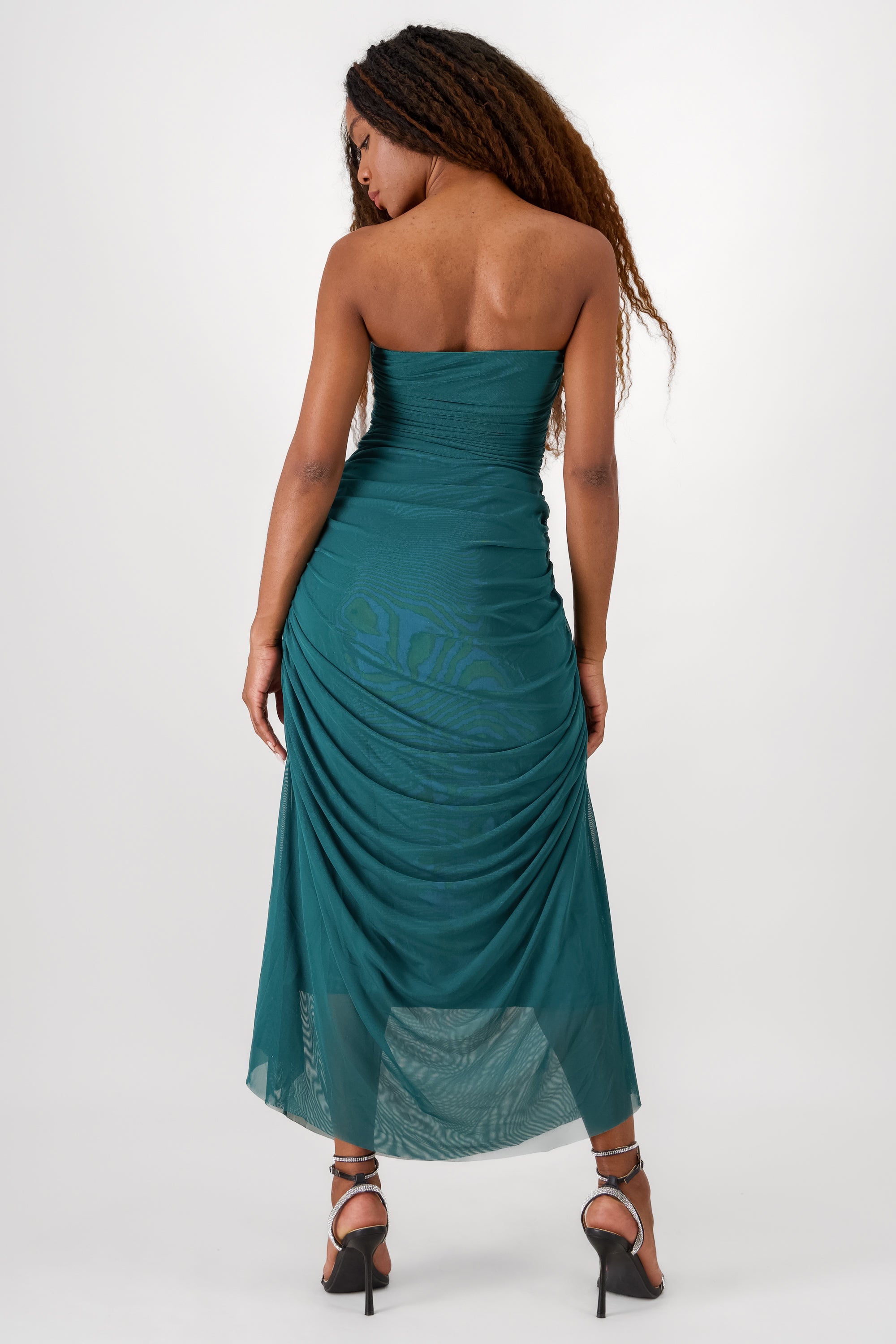 Plain Strapless Mesh Maxi Dress FOREST GREEN