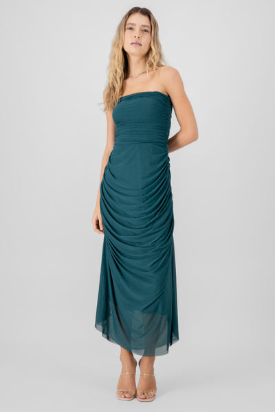 Plain Strapless Mesh Maxi Dress GRAY