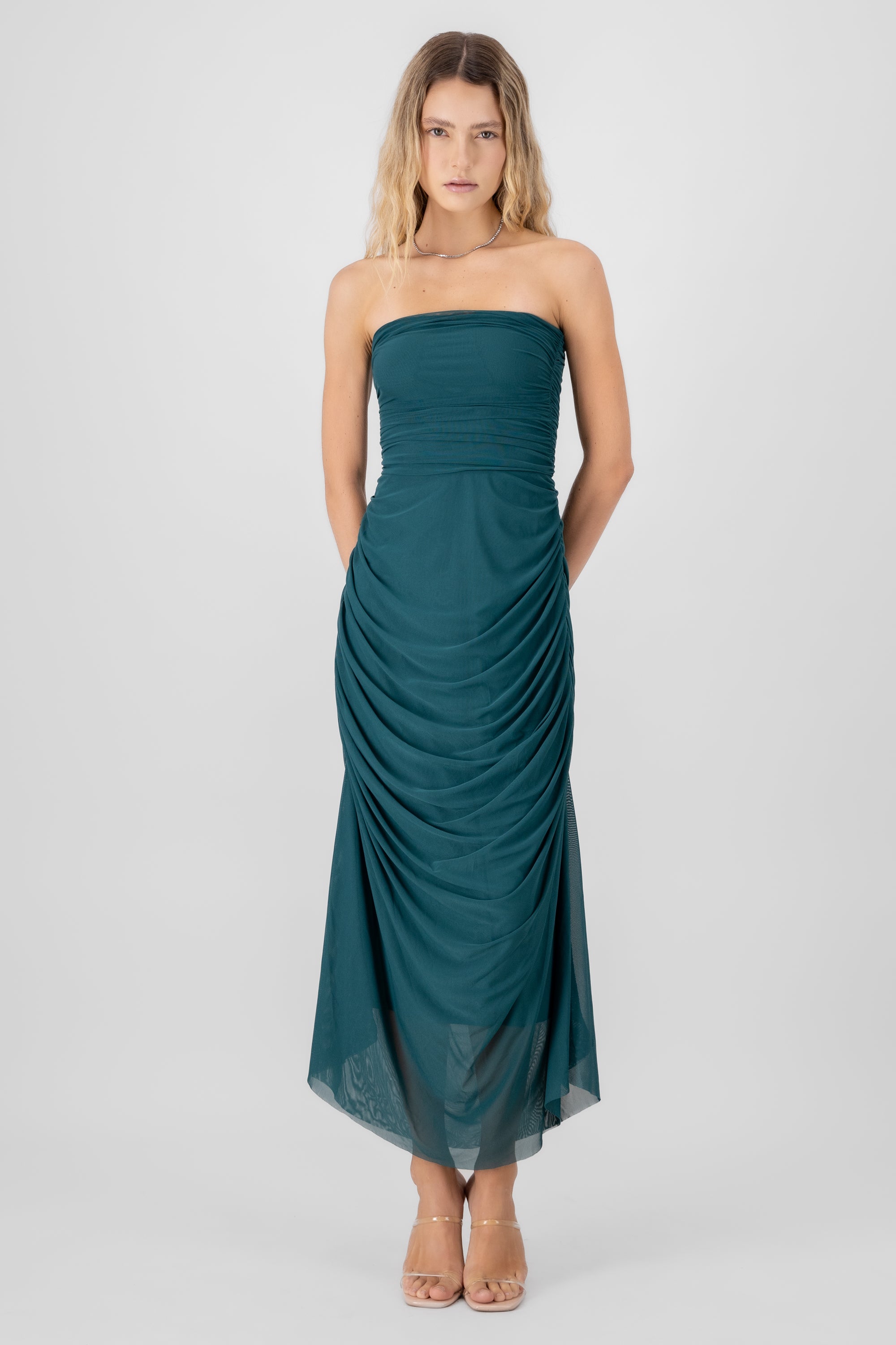 Plain Strapless Mesh Maxi Dress HUNTER GREEN