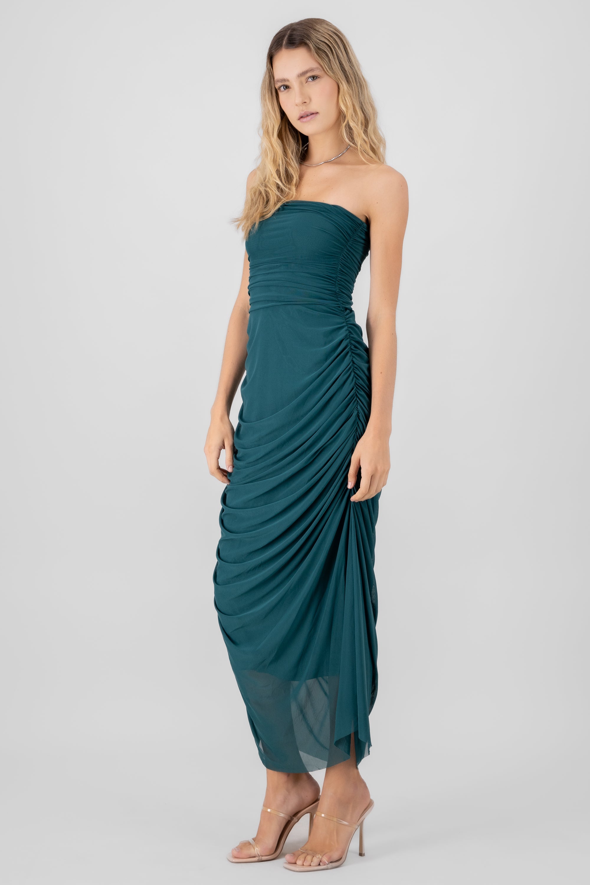 Plain Strapless Mesh Maxi Dress HUNTER GREEN