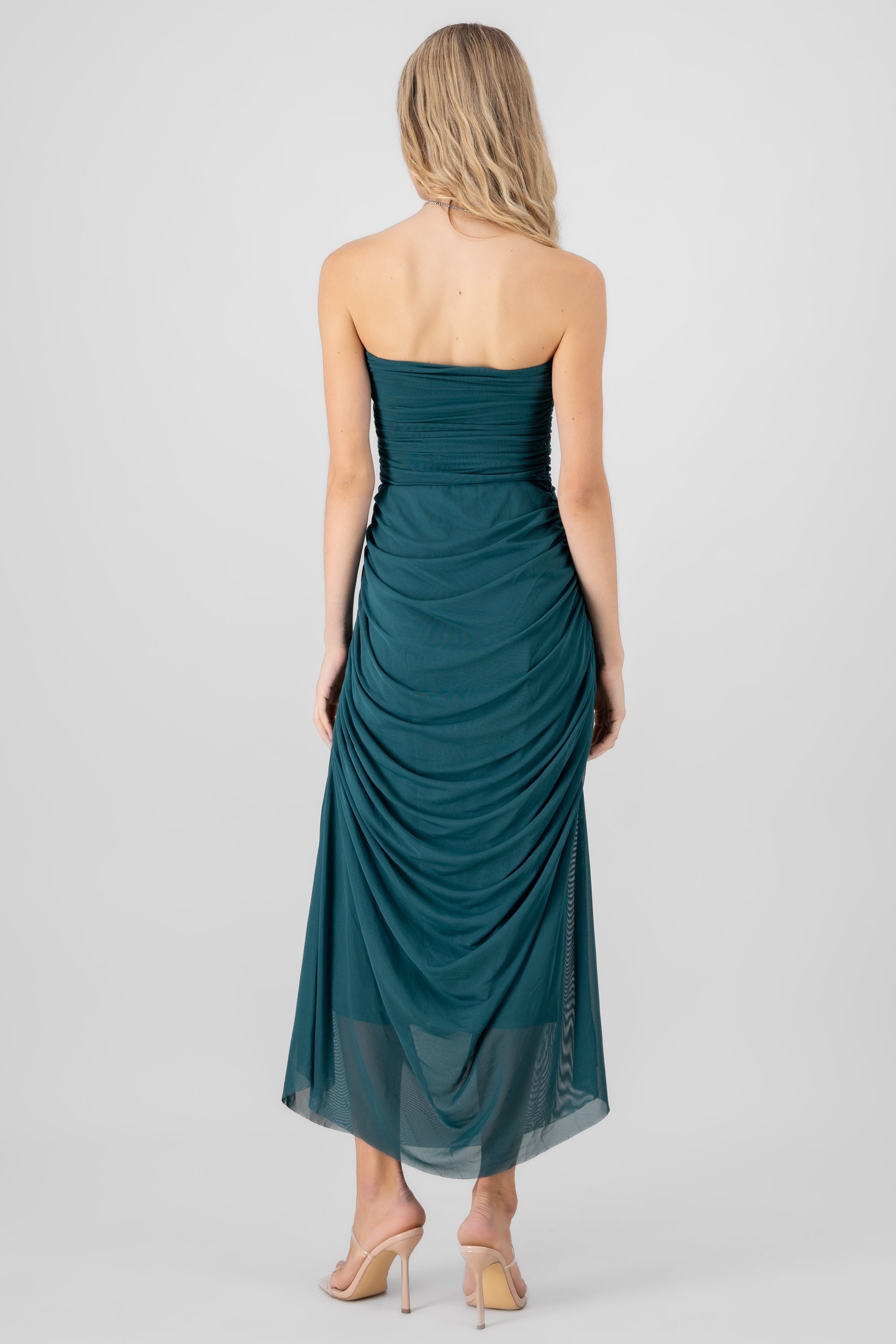 Plain Strapless Mesh Maxi Dress HUNTER GREEN