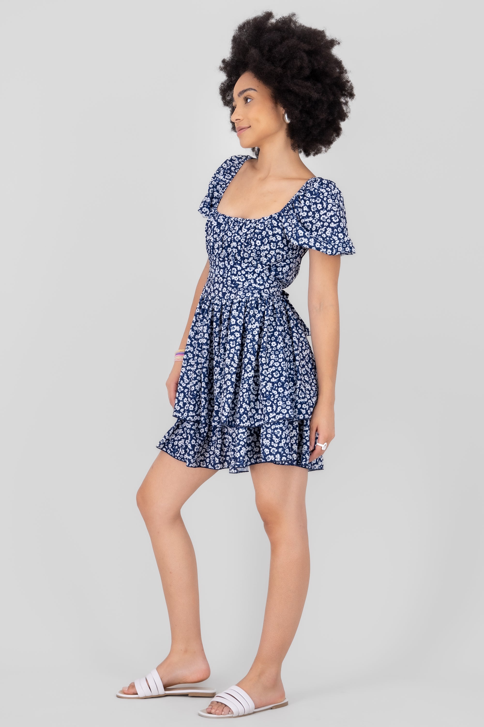 Floral Puff Sleeve Dress NAVY COMBO