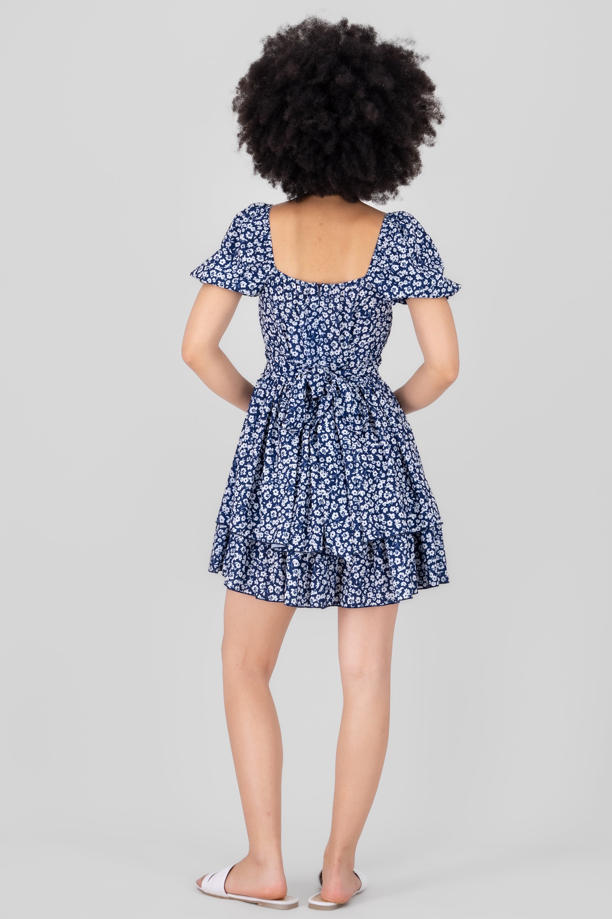 Floral Puff Sleeve Dress NAVY COMBO