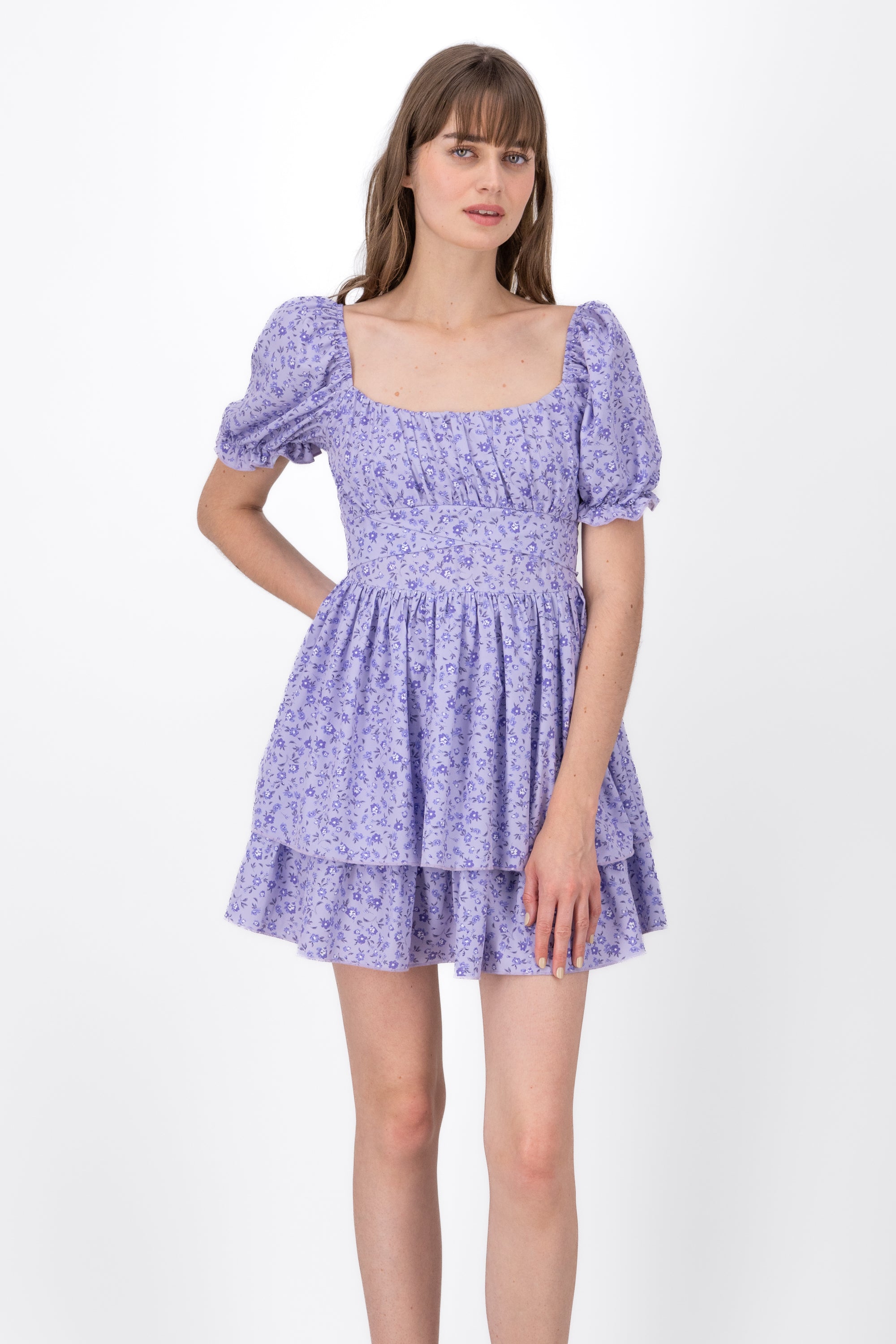 Floral Puff Sleeve Dress PASTEL PURPLE