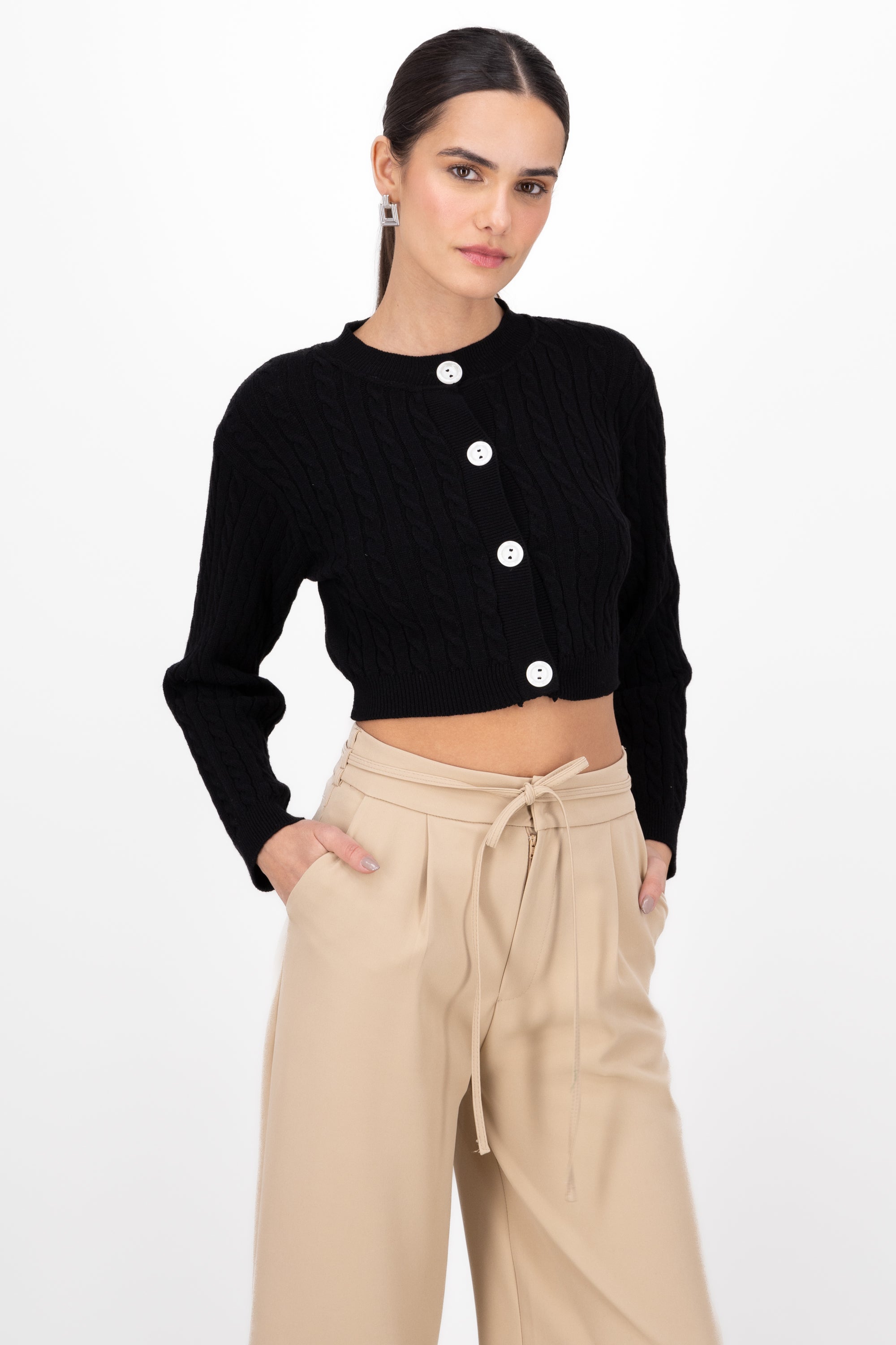 Basic Cardigan With Color Contrast Buttons BLACK COMBO