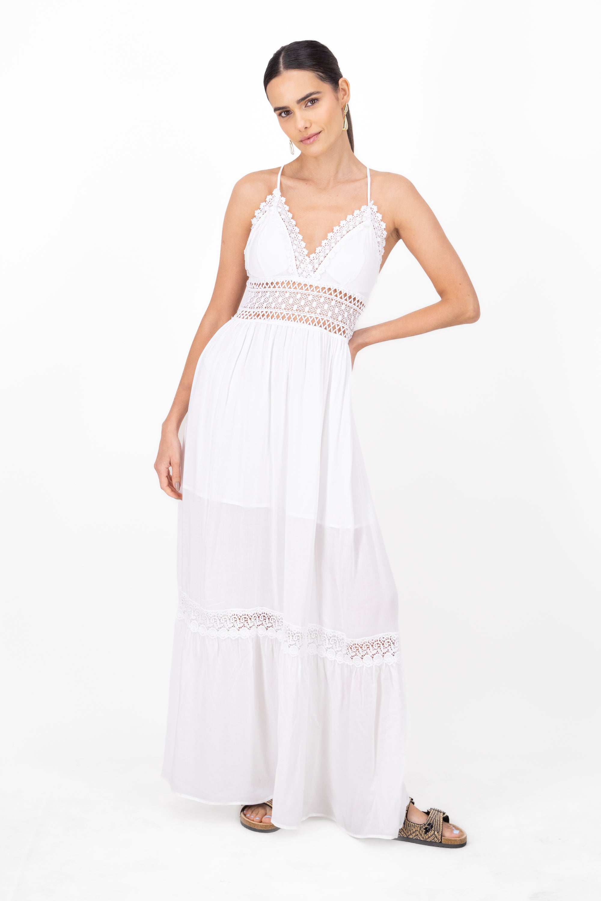 Crochet Detailed Maxi Dress With Straps WHITE