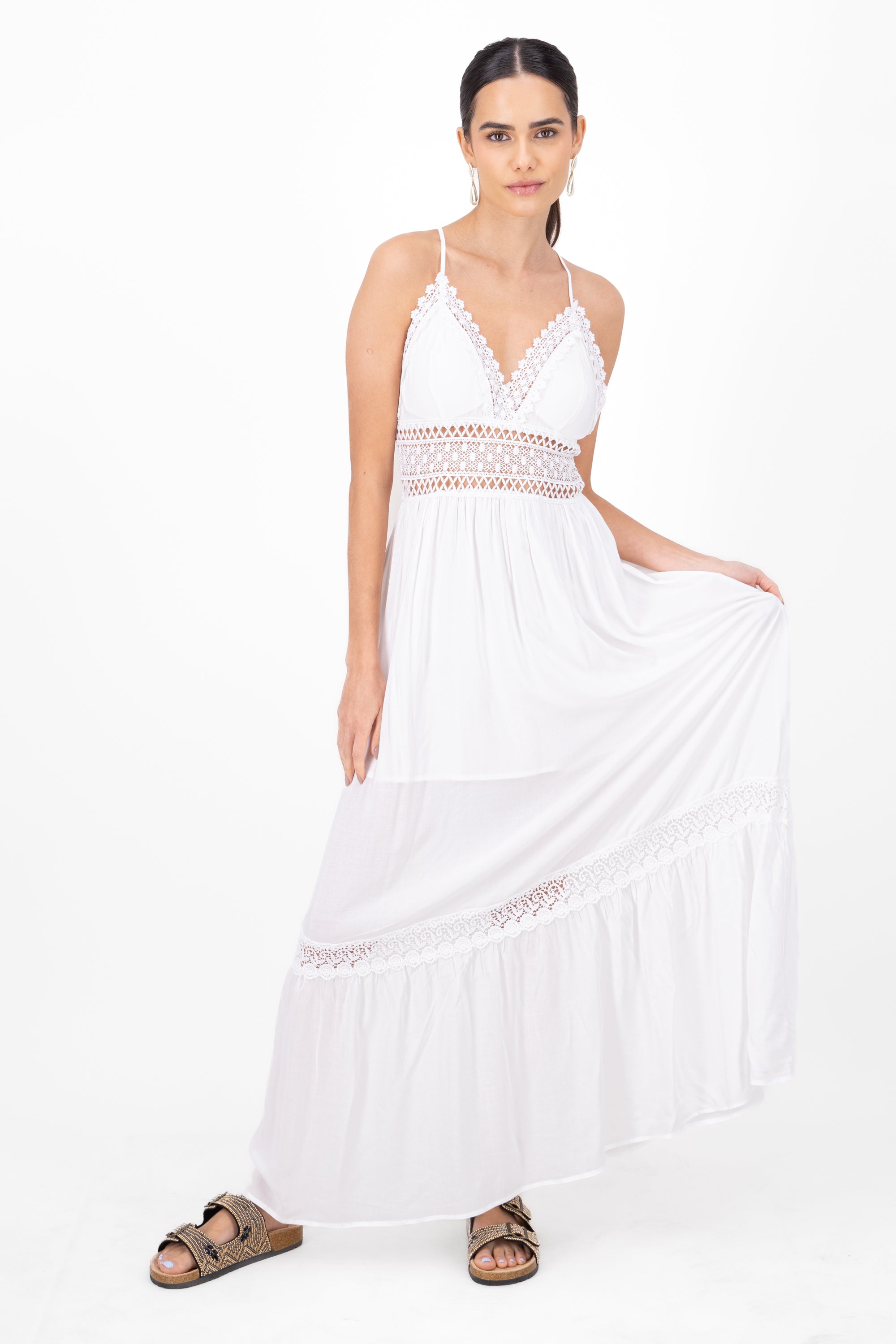 Crochet Detailed Maxi Dress With Straps WHITE