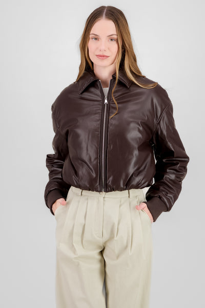 Faux Leather Puffer Jacket CHOCOLATE