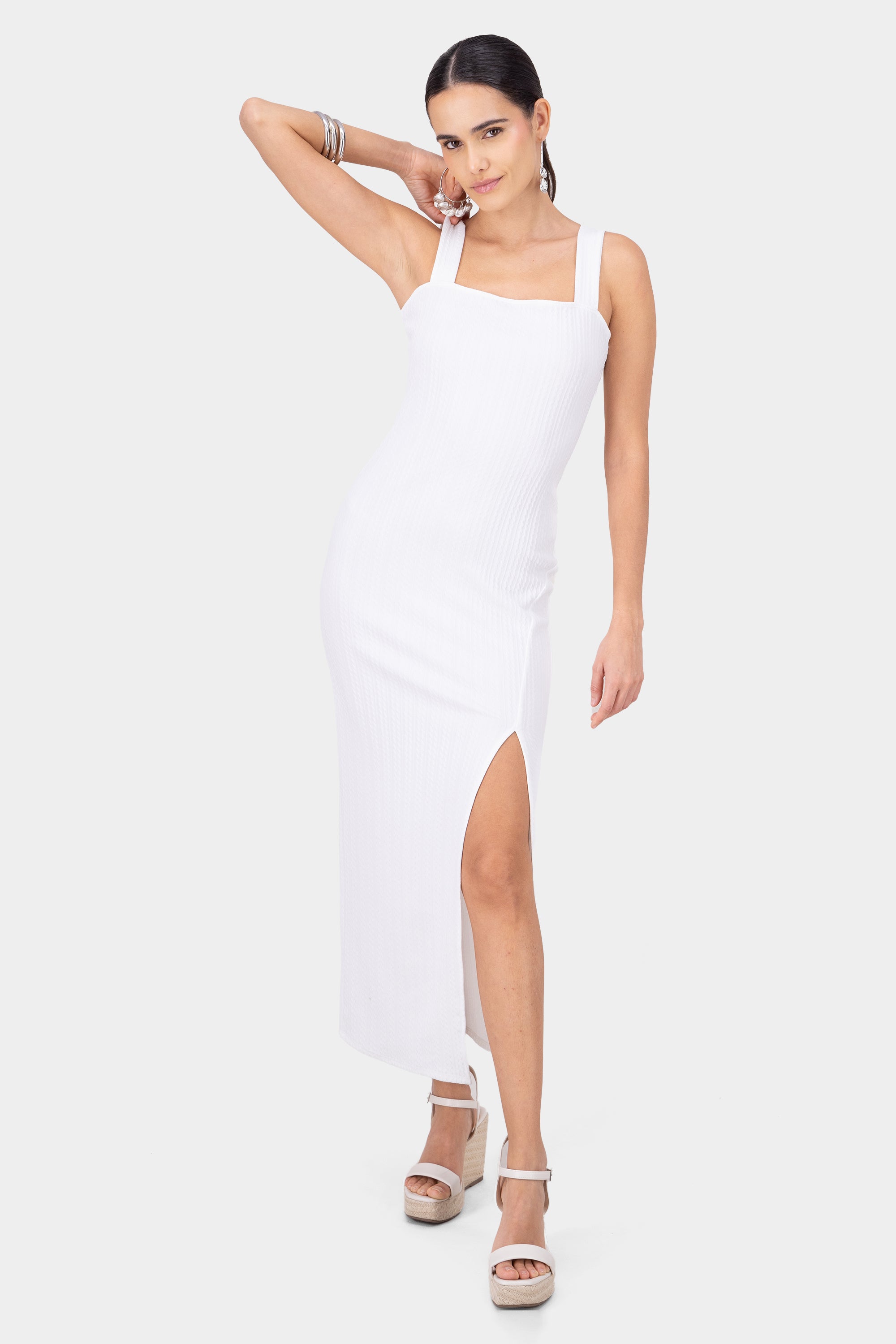 Straight Neckline Bodycon Maxi Dress WHITE