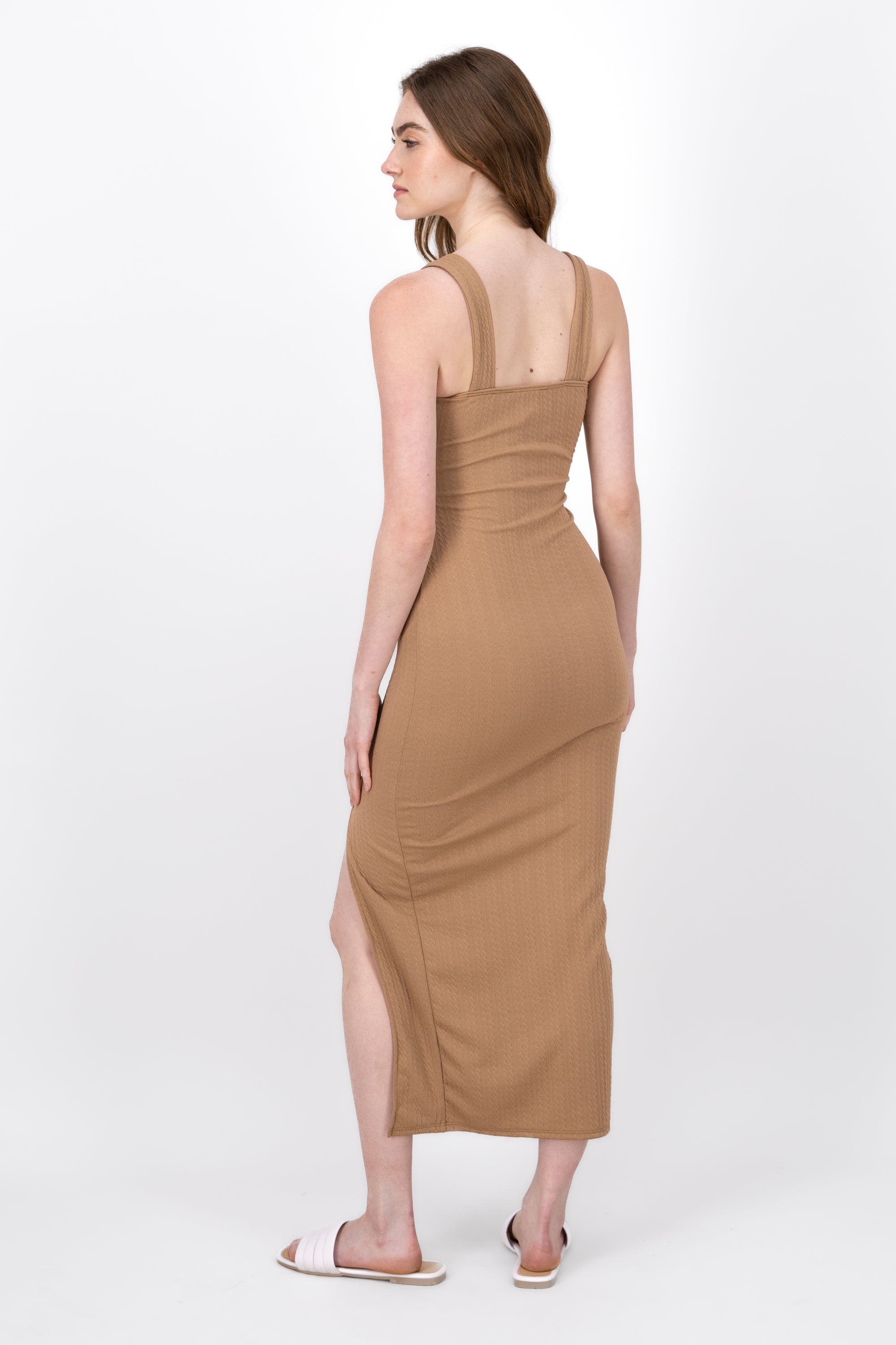 Straight Neckline Bodycon Maxi Dress CAMEL