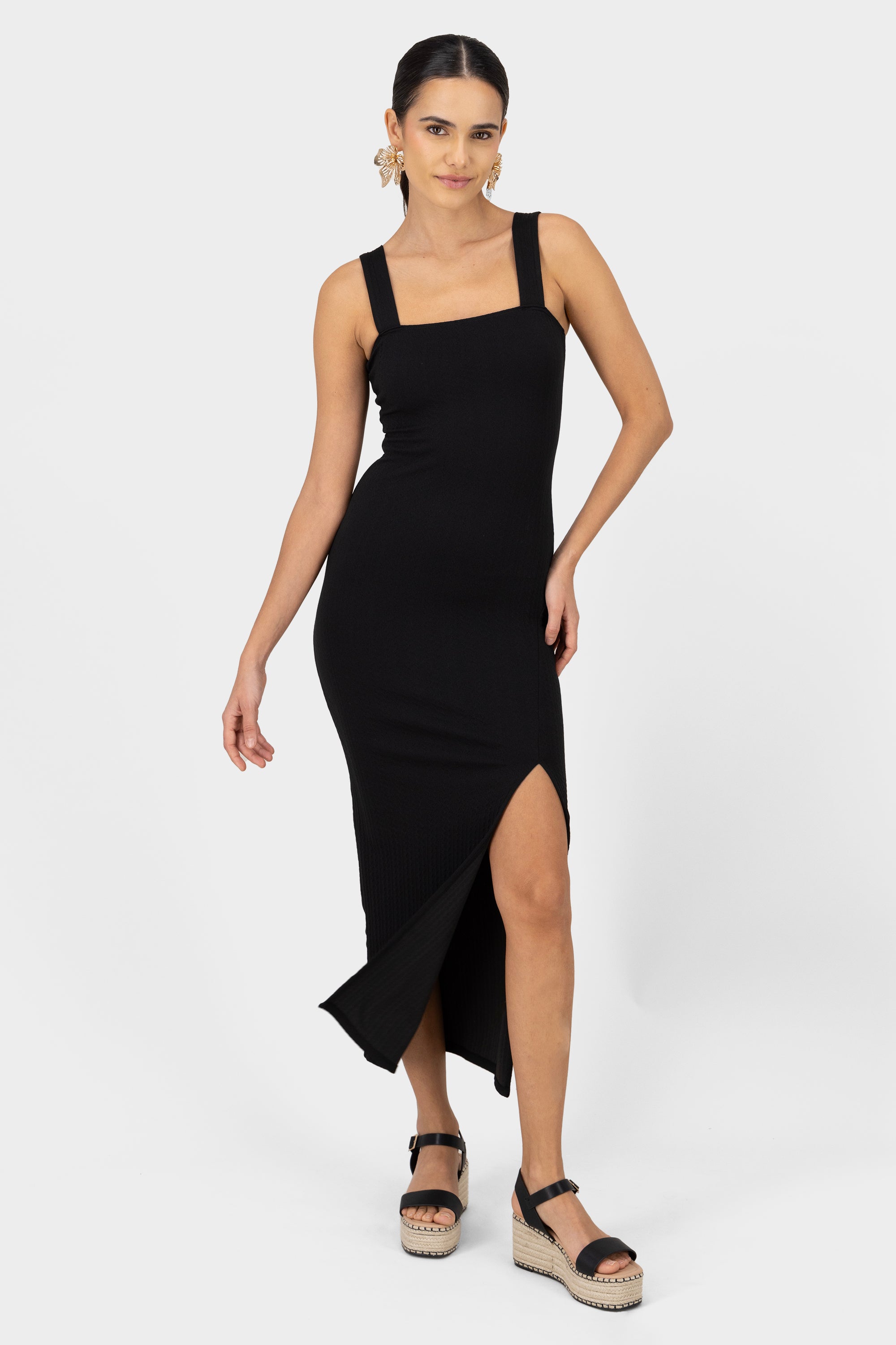 Straight Neckline Bodycon Maxi Dress BLACK