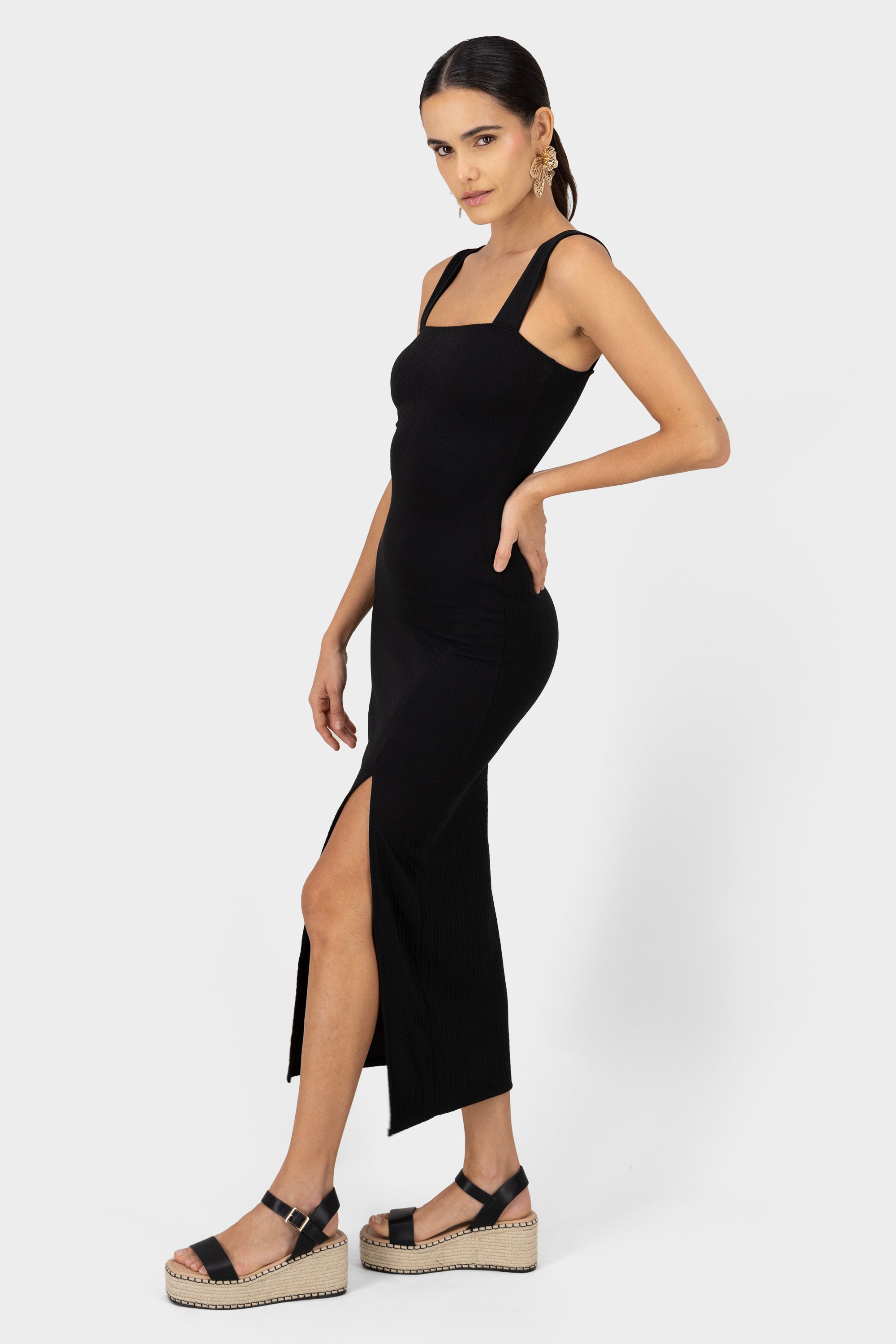 Straight Neckline Bodycon Maxi Dress BLACK