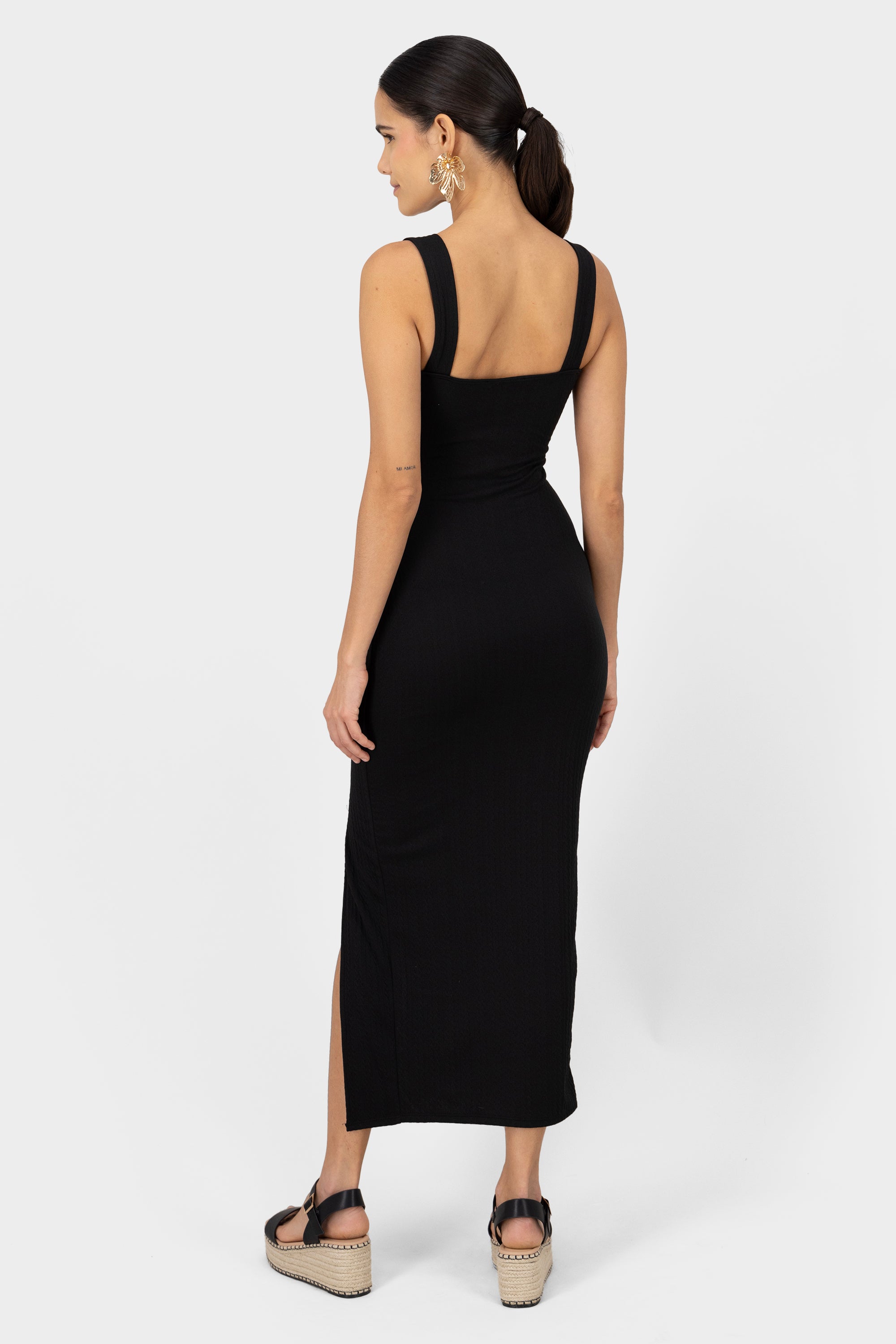 Straight Neckline Bodycon Maxi Dress BLACK