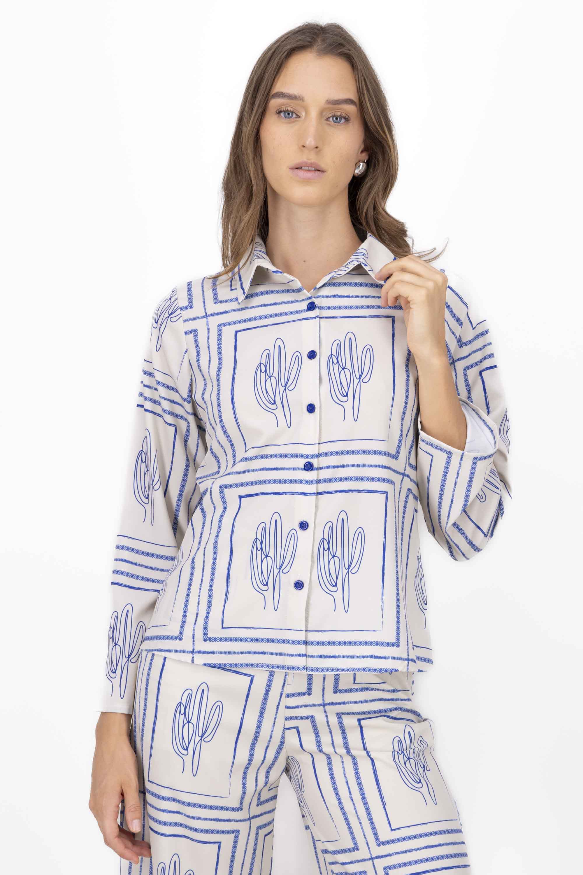 CactusPrint Long Sleeve Blouse ROYAL BLUE