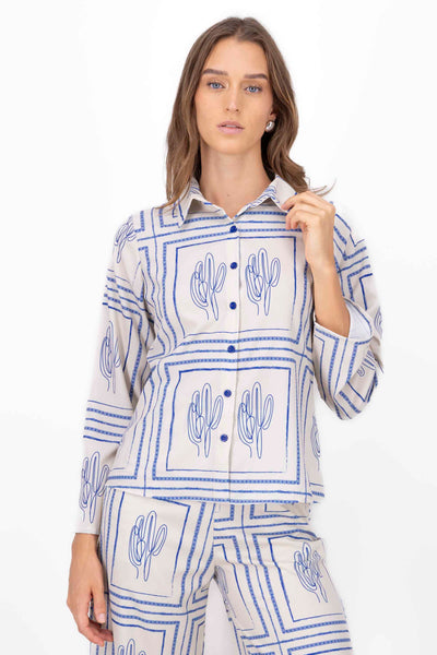 CactusPrint Long Sleeve Blouse BONE COMBO