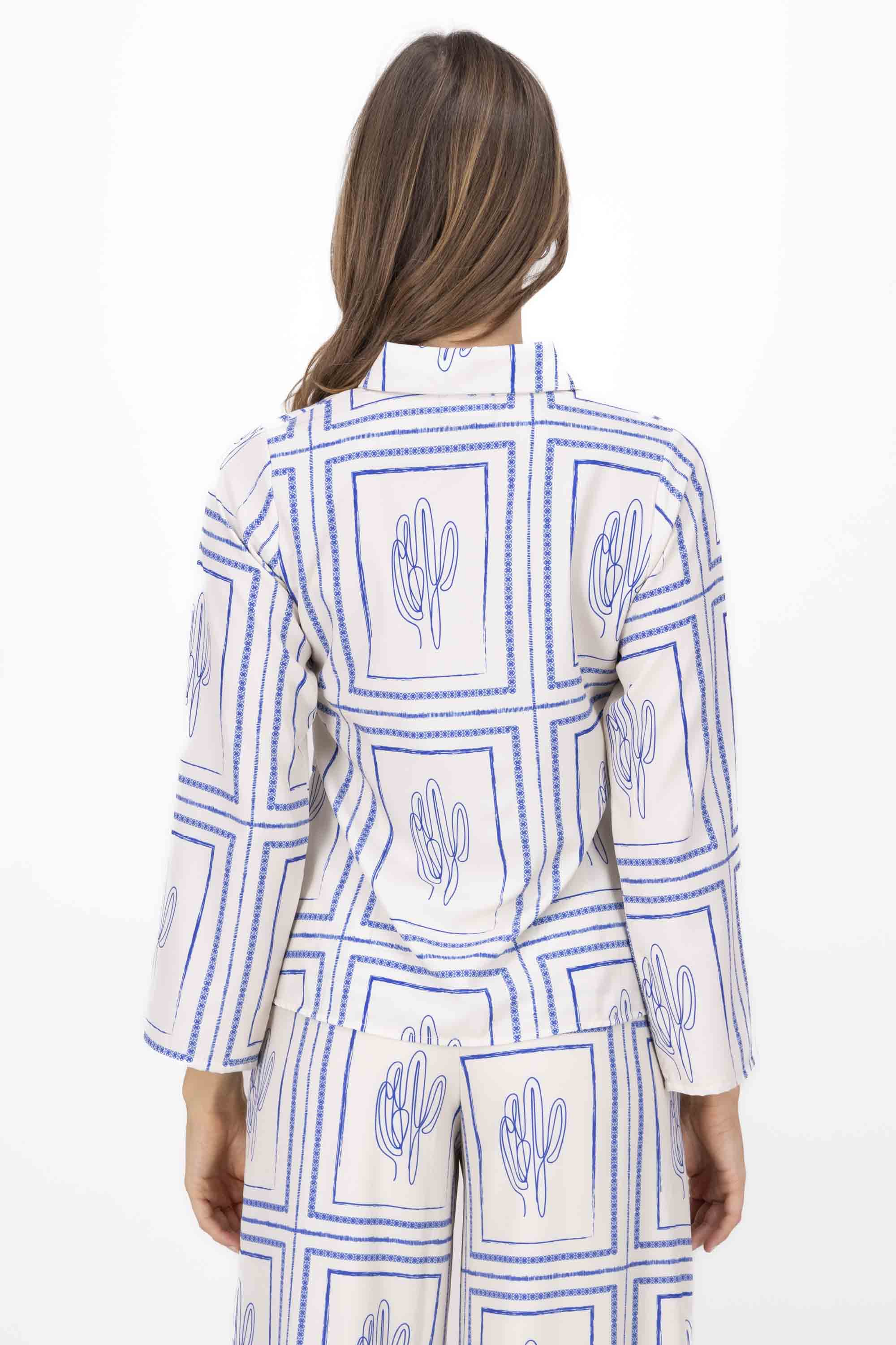 CactusPrint Long Sleeve Blouse ROYAL BLUE