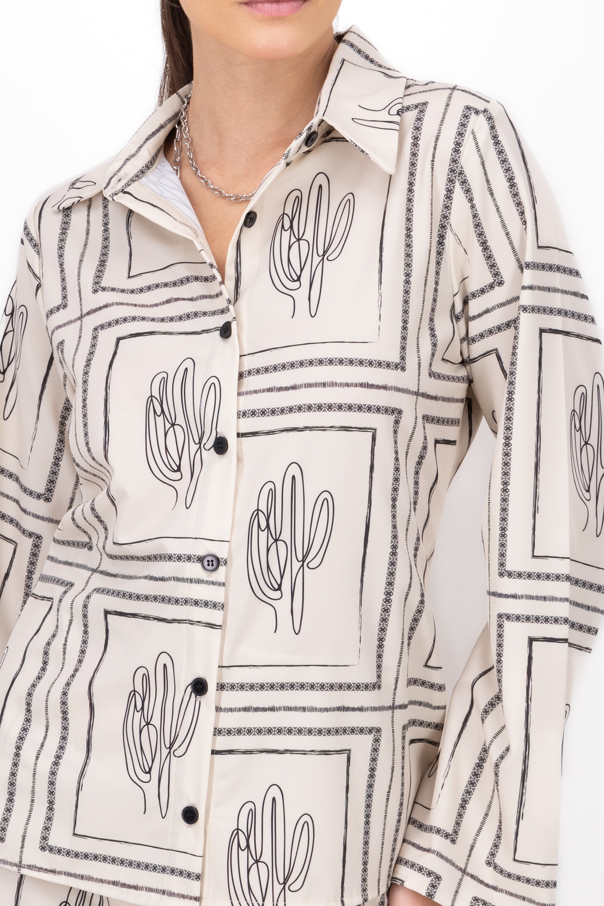 CactusPrint Long Sleeve Blouse BONE COMBO