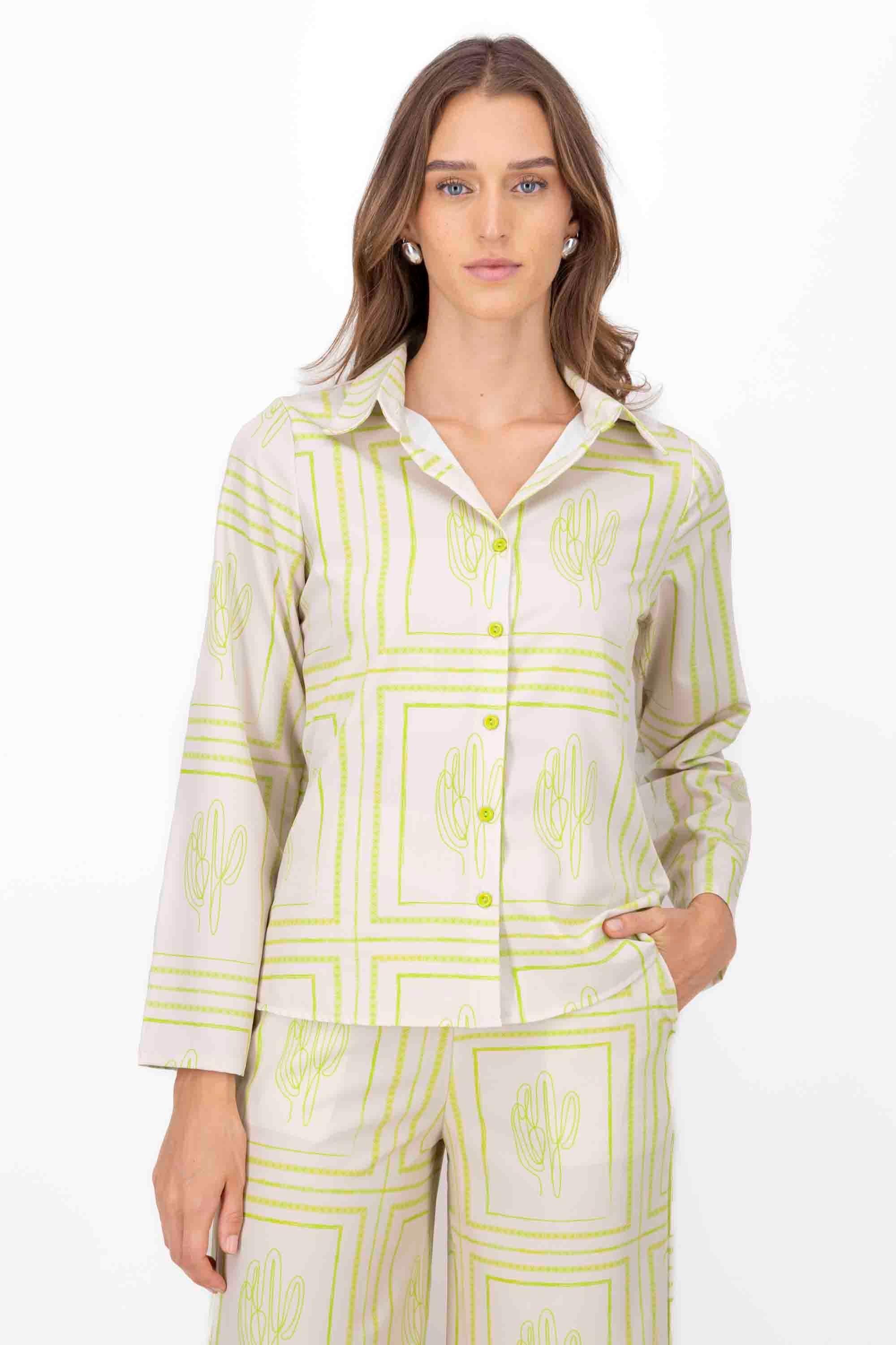 CactusPrint Long Sleeve Blouse LIME GREEN