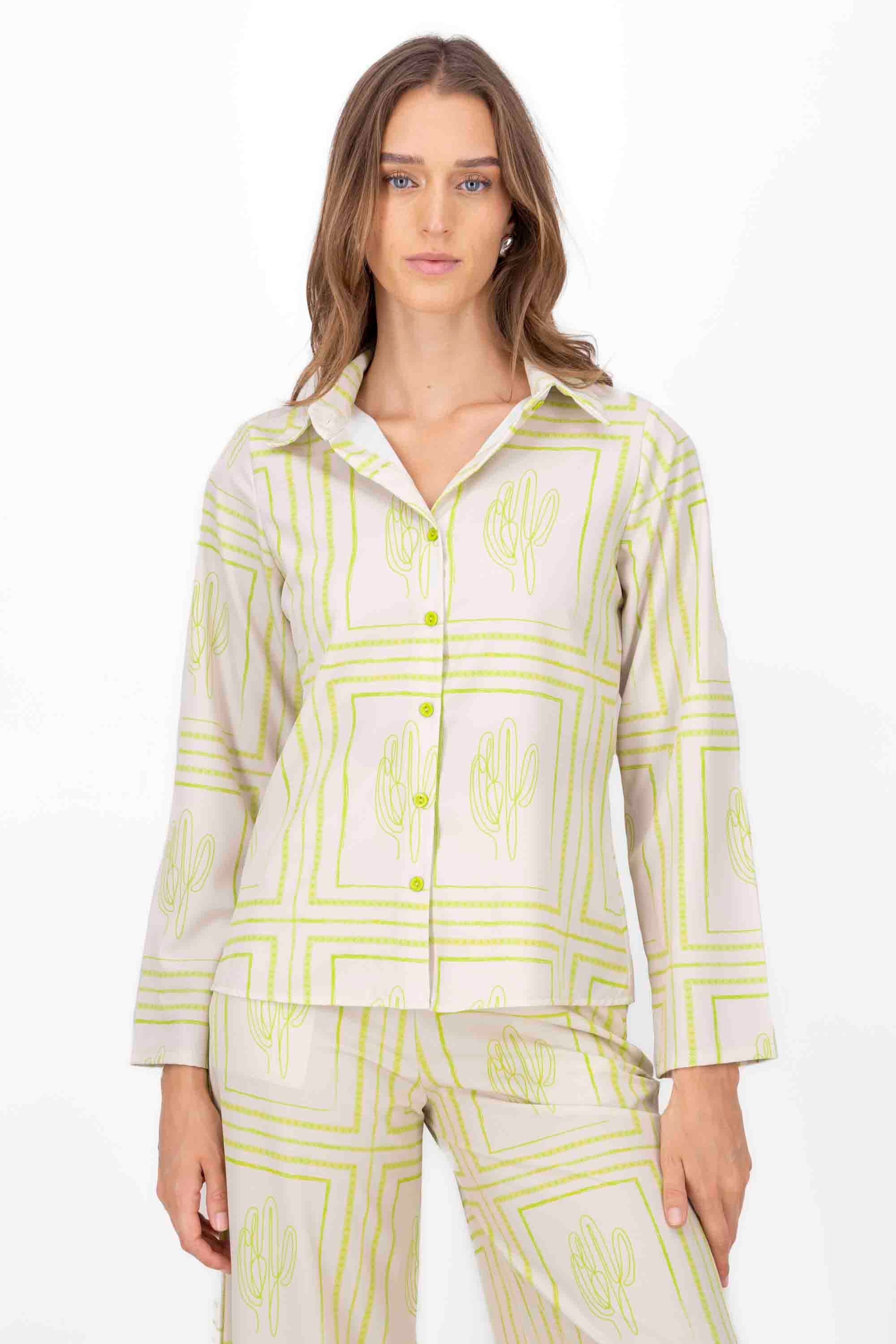 CactusPrint Long Sleeve Blouse LIME GREEN