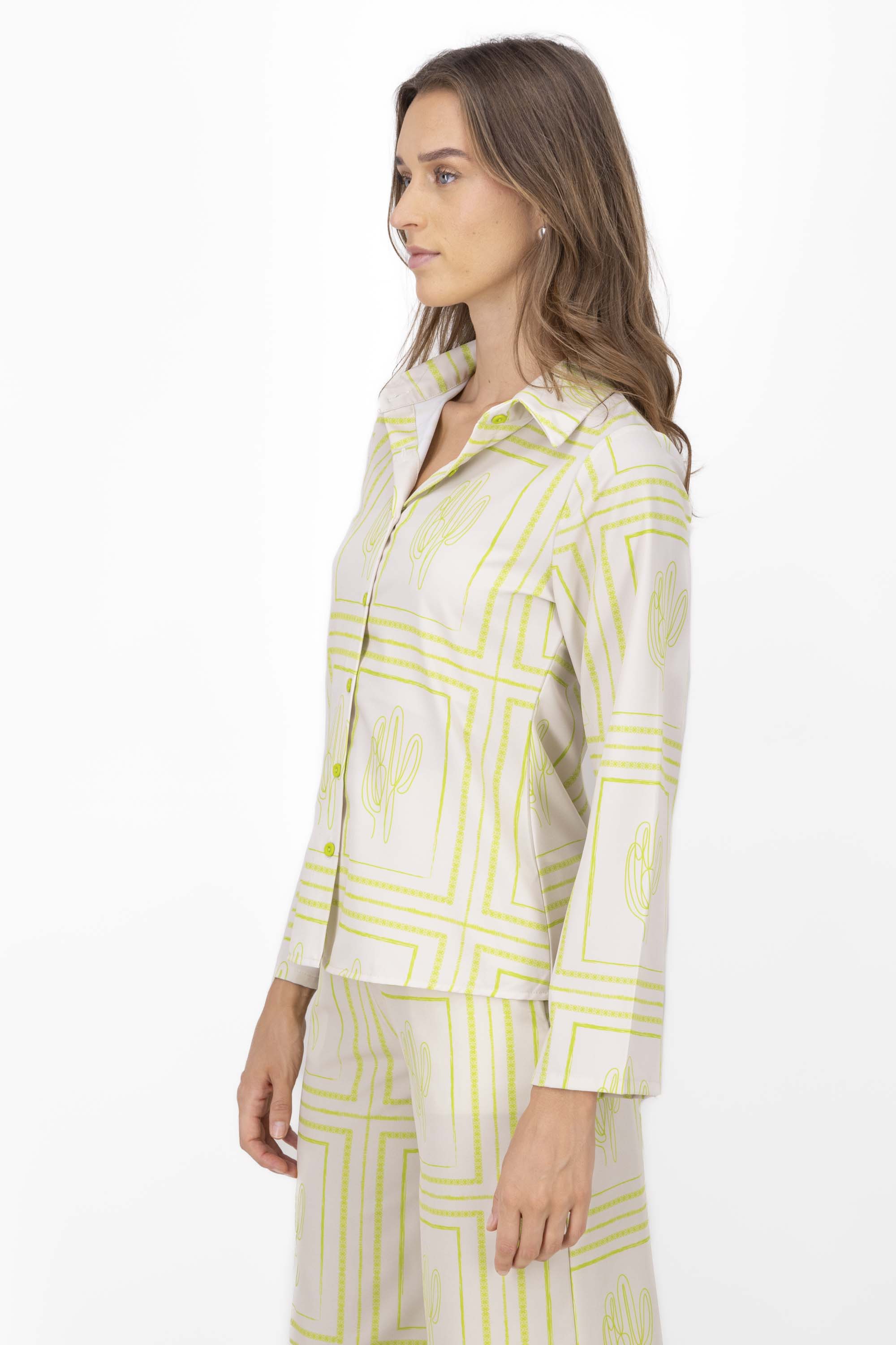 CactusPrint Long Sleeve Blouse LIME GREEN