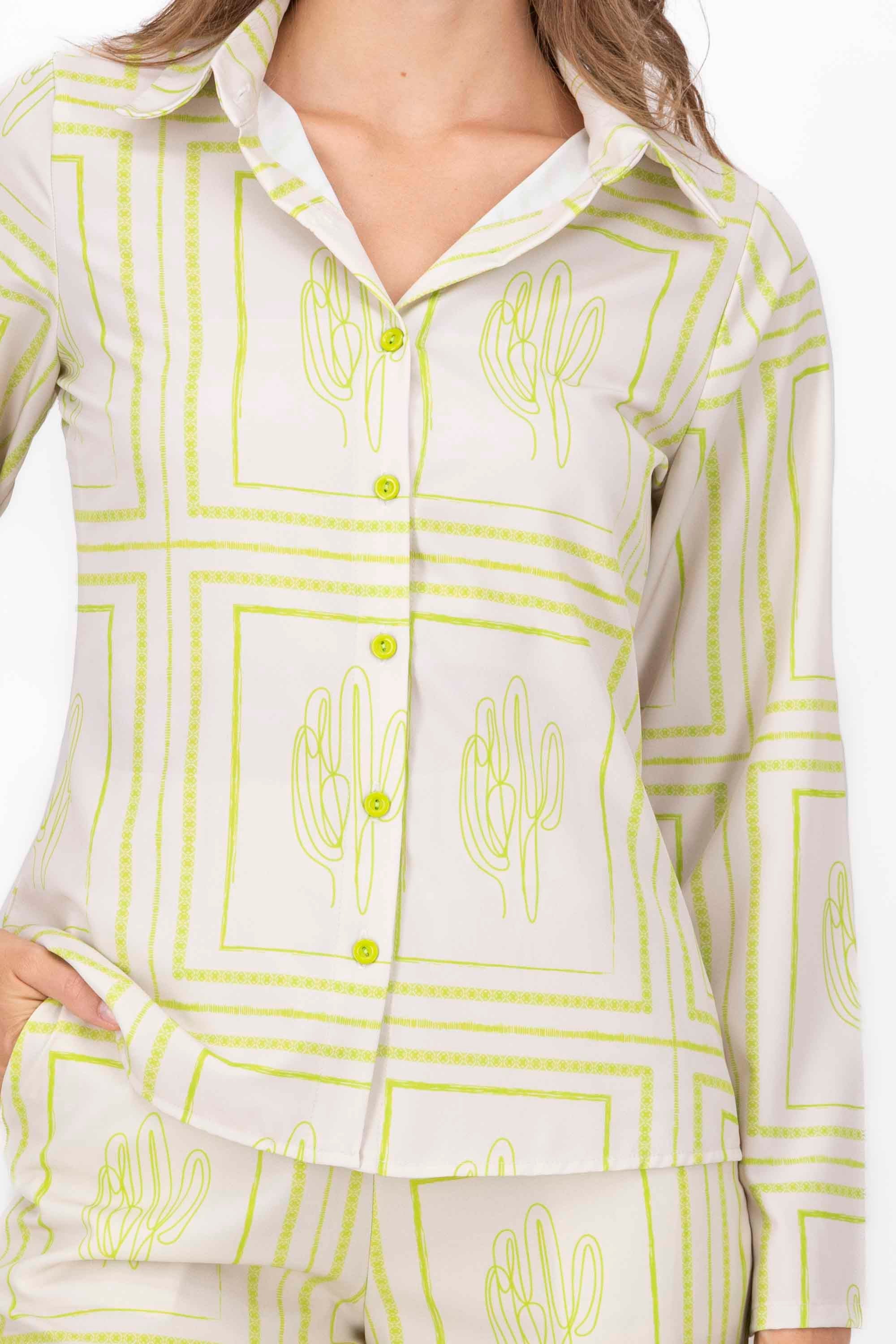 CactusPrint Long Sleeve Blouse LIME GREEN