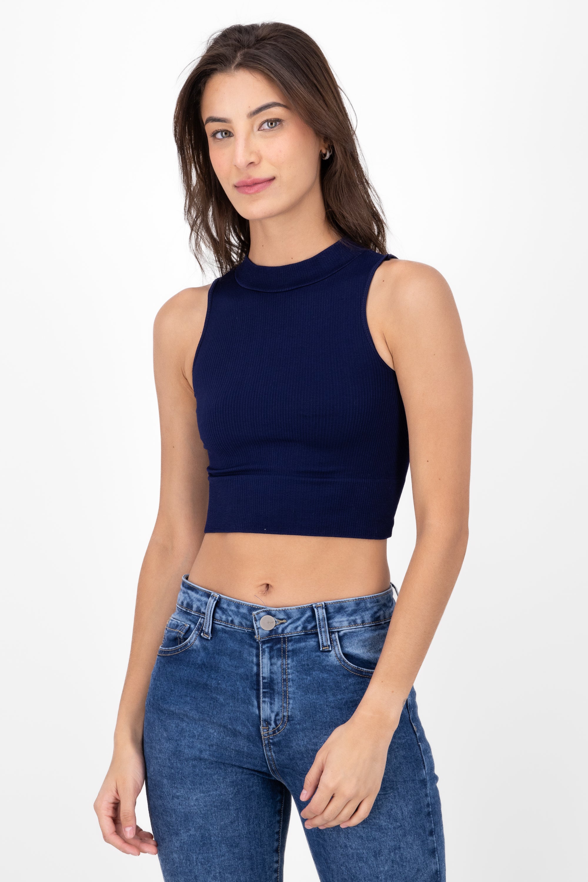 Basic Ribbed High Neck Top NAVY