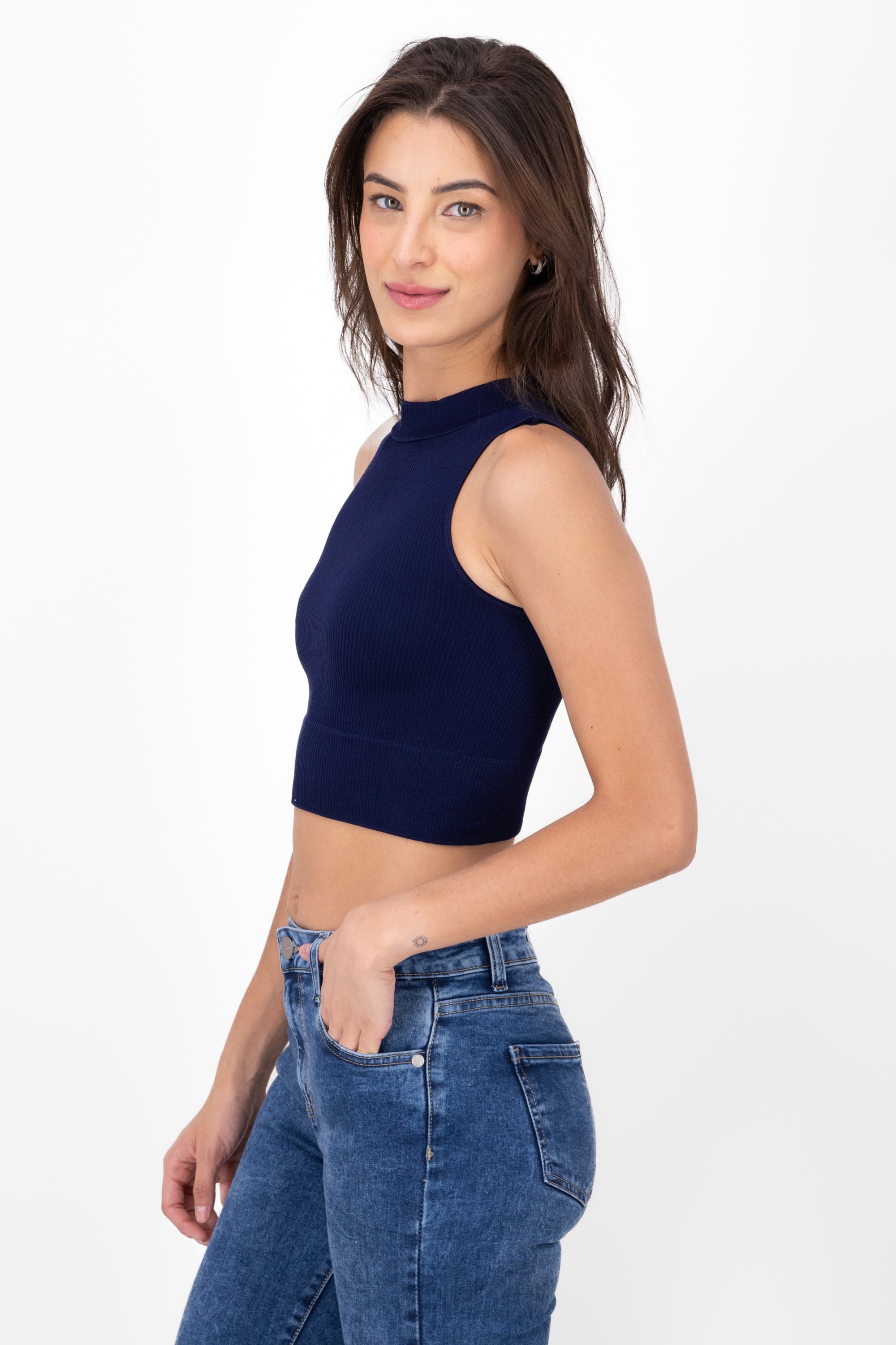 Basic Ribbed High Neck Top NAVY