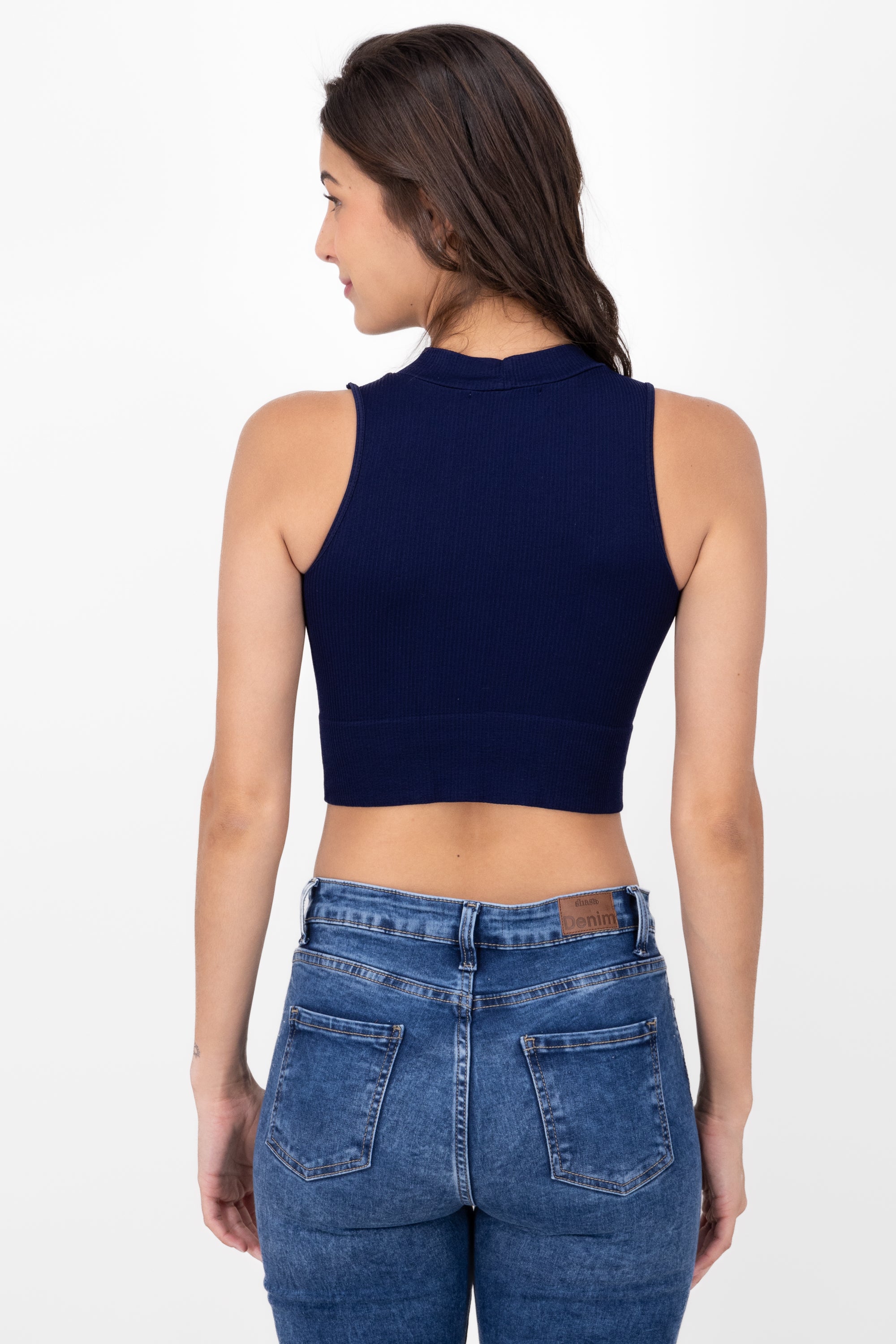 Basic Ribbed High Neck Top NAVY