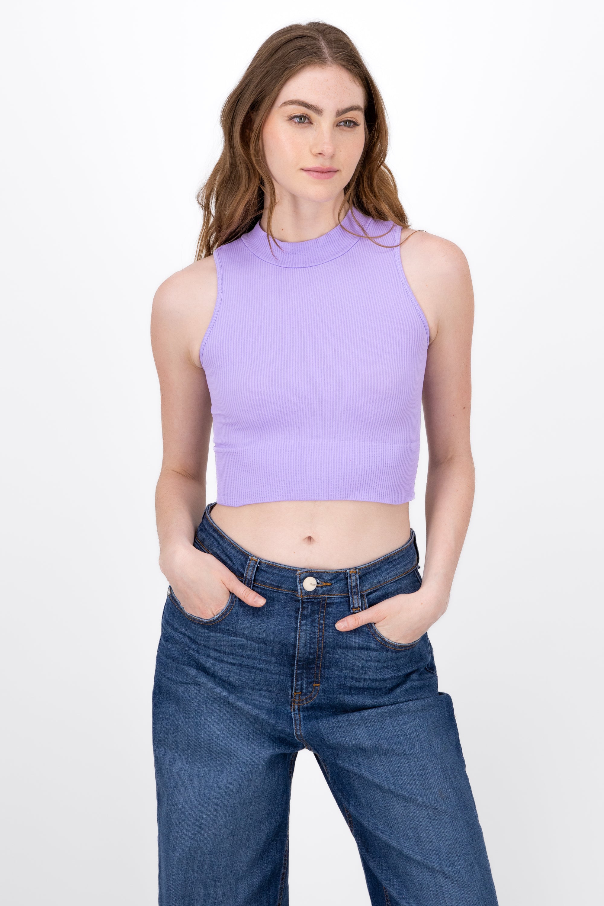 Basic Ribbed High Neck Top PASTEL PURPLE