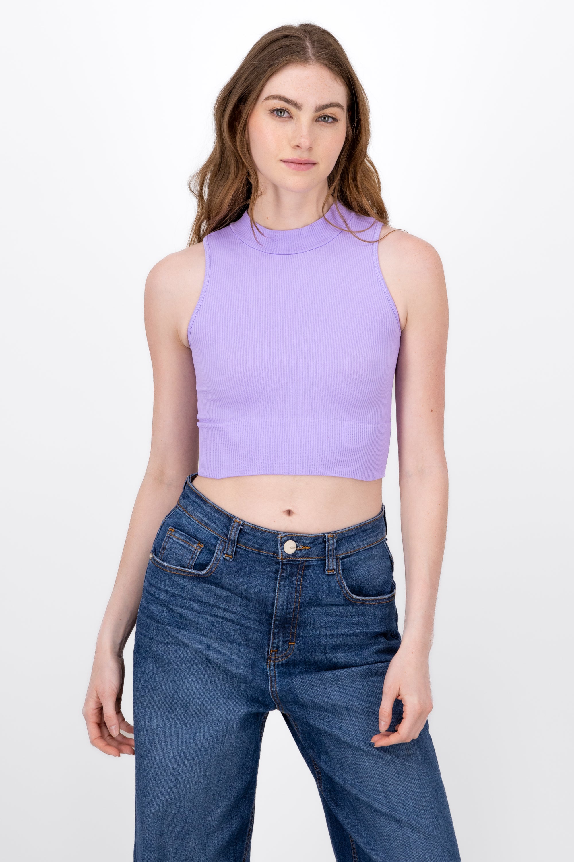 Basic Ribbed High Neck Top PASTEL PURPLE