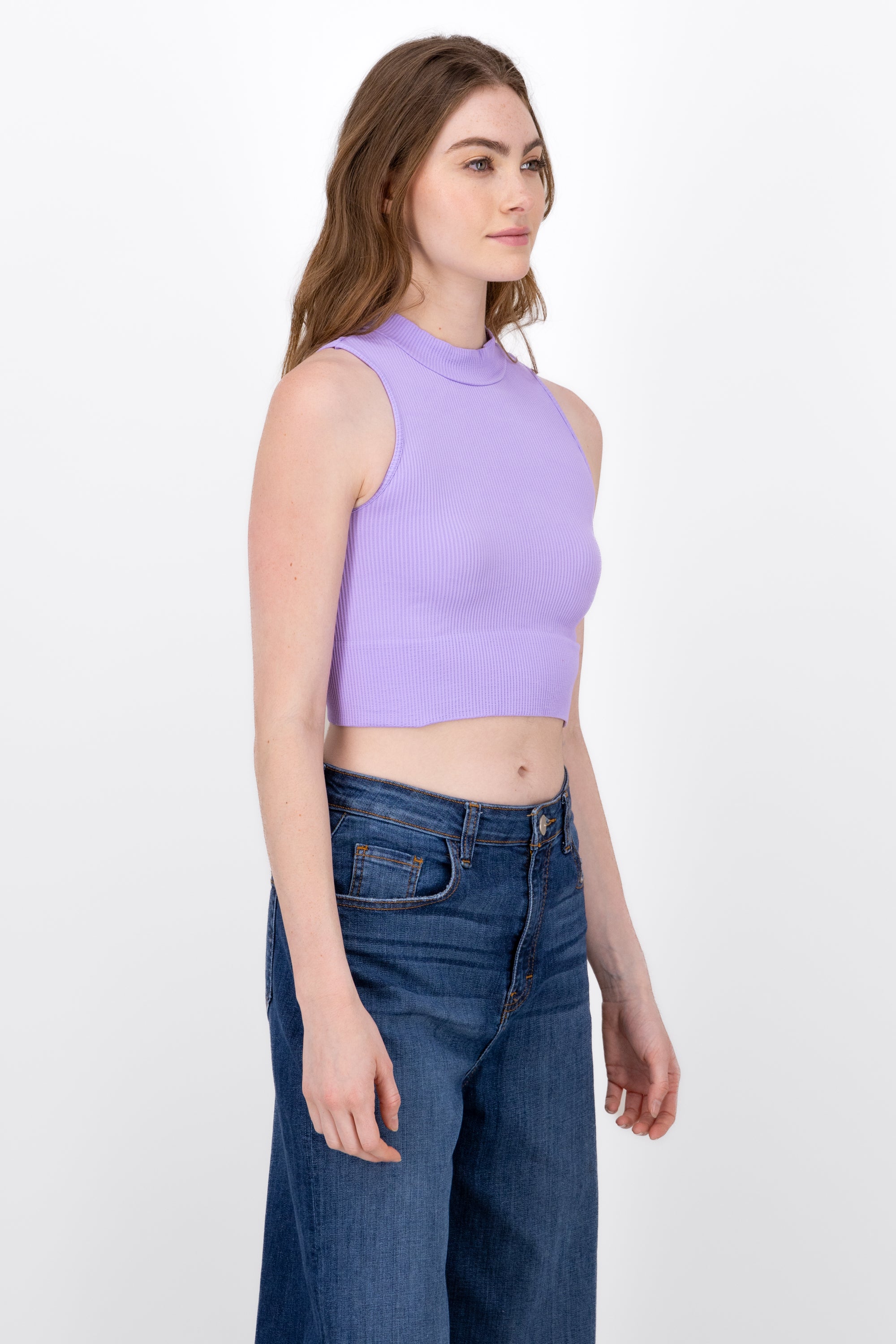 Basic Ribbed High Neck Top PASTEL PURPLE