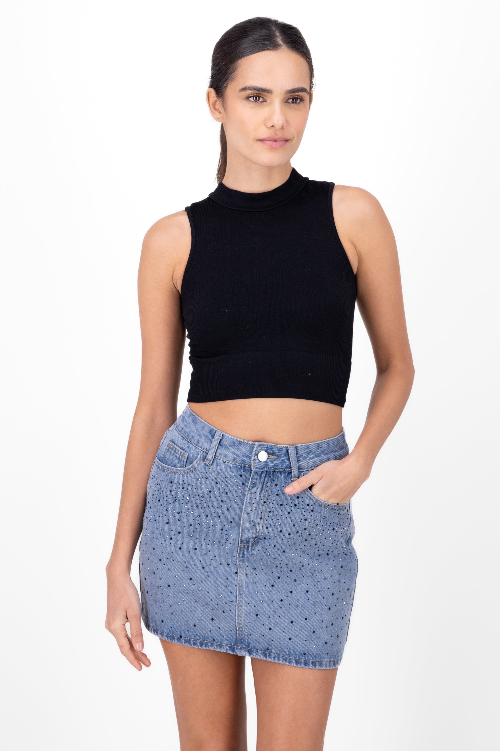 Basic Ribbed High Neck Top BLACK