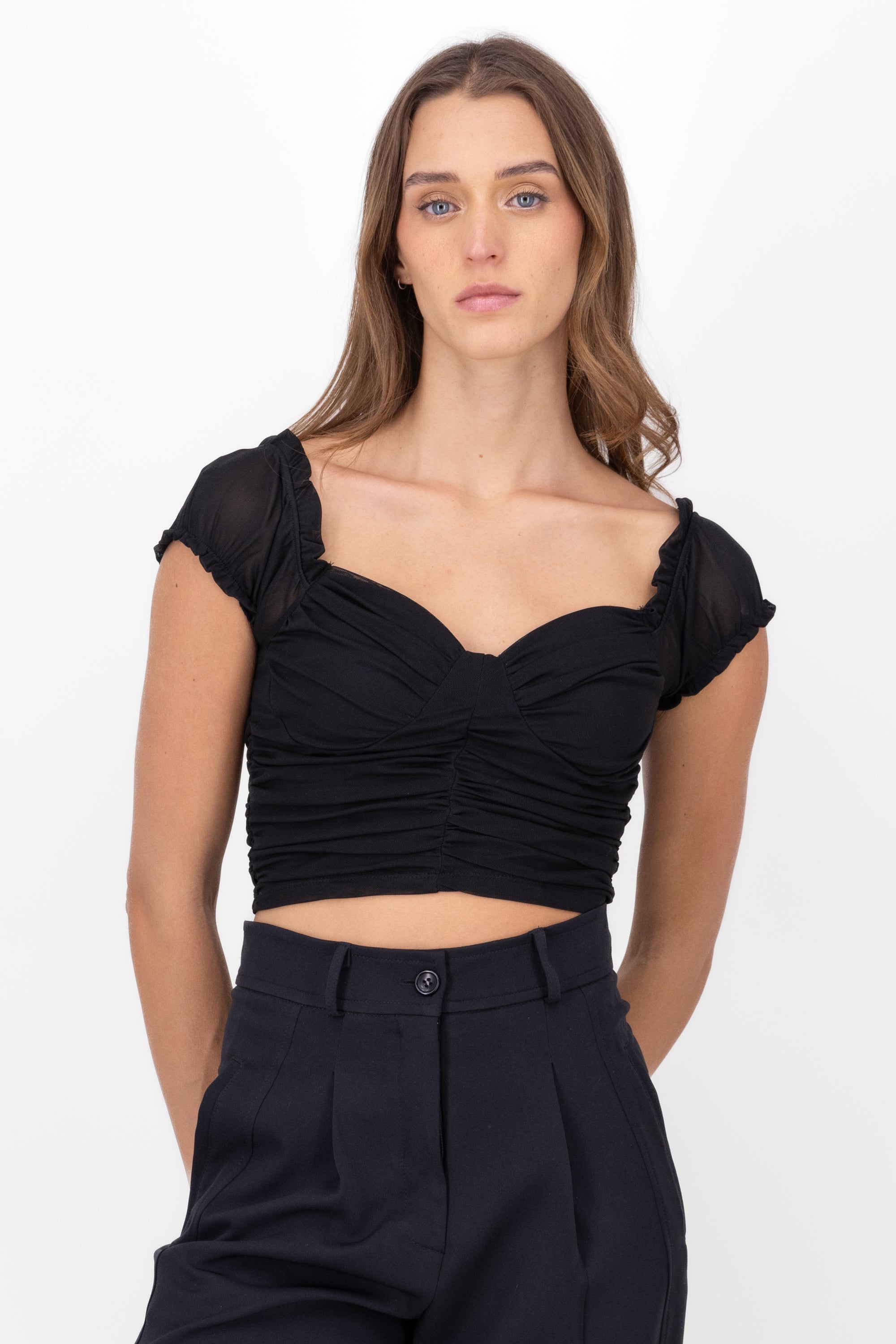 Pleated Sleeve Bustier Blouse BLACK