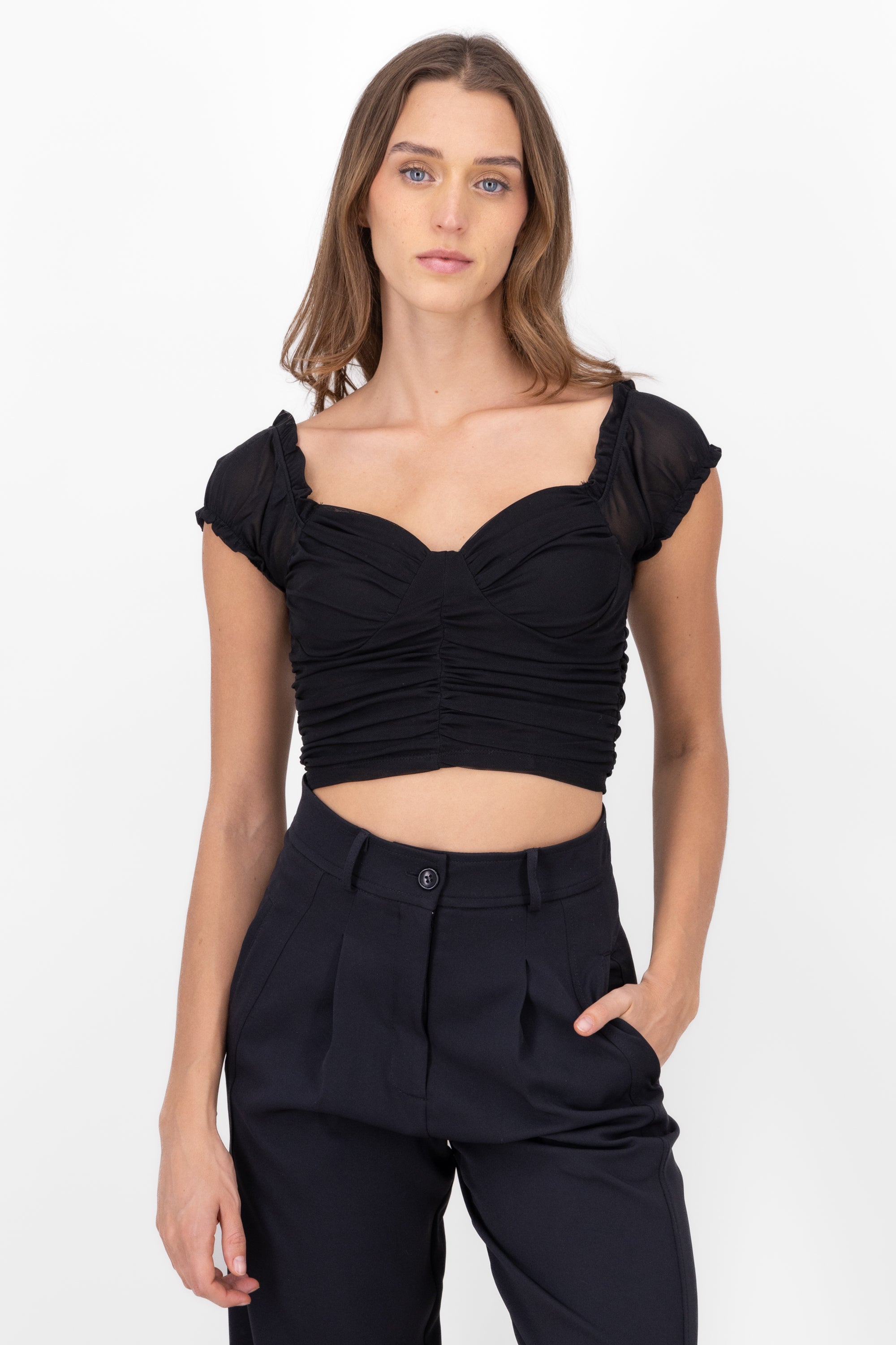 Pleated Sleeve Bustier Blouse BLACK