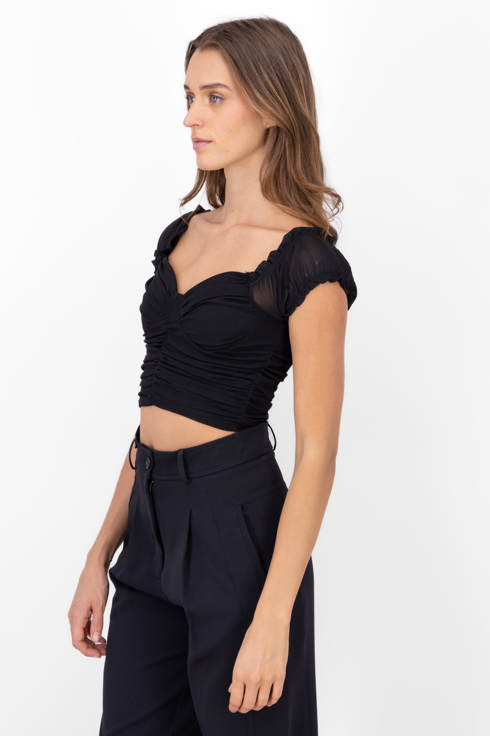 Pleated Sleeve Bustier Blouse BLACK