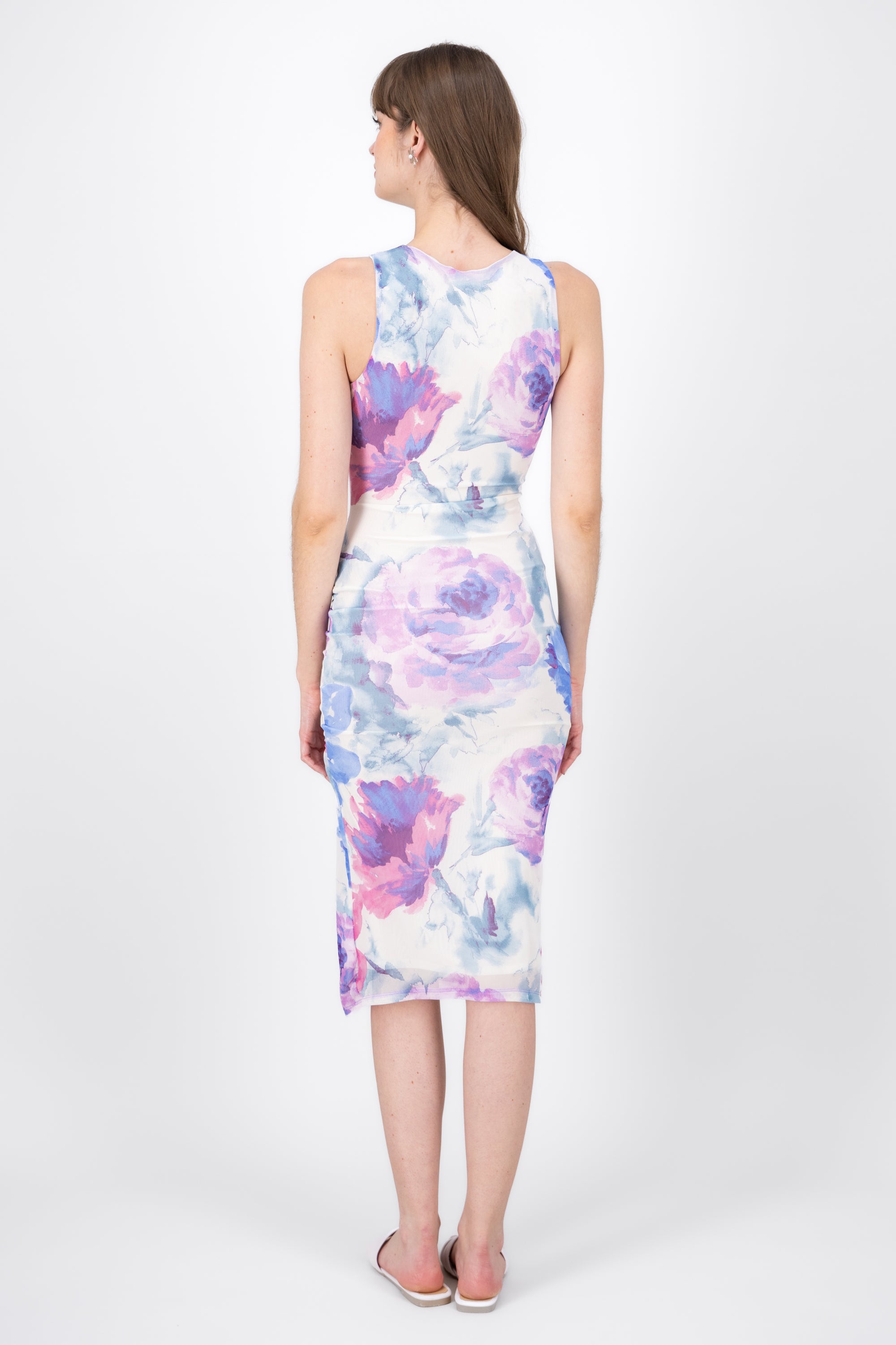 Maxi Tropical Flower Print Sleeveless Dress With Ruched Side Detail PURPLE