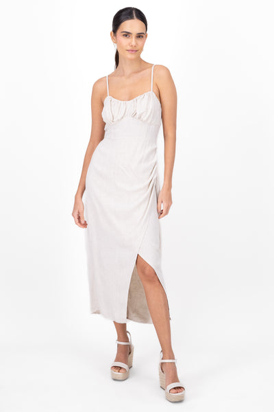 Shirred Bust Maxi Dress With Leg Slit CREAM